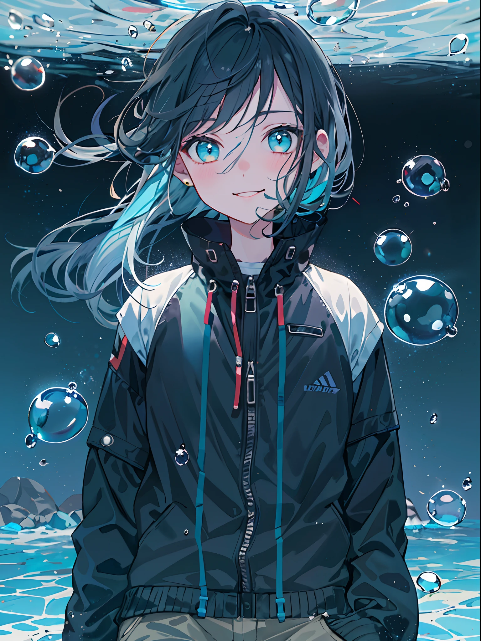 ((top-quality)), ((masterpiece)), ((ultra-detailliert)), (extremely delicate and beautiful), girl with, 独奏, cold attitude,((Black jacket)),She is very(relax)with the(Settled down)Looks,A dark-haired, depth of fields,evil smile,Bubble, under the water, Air bubble,bright light blue eyes,Inner color with black hair and light blue tips,Cold background,Bob Hair - Linear Art, shortpants、knee high socks、Camisole inner shirt