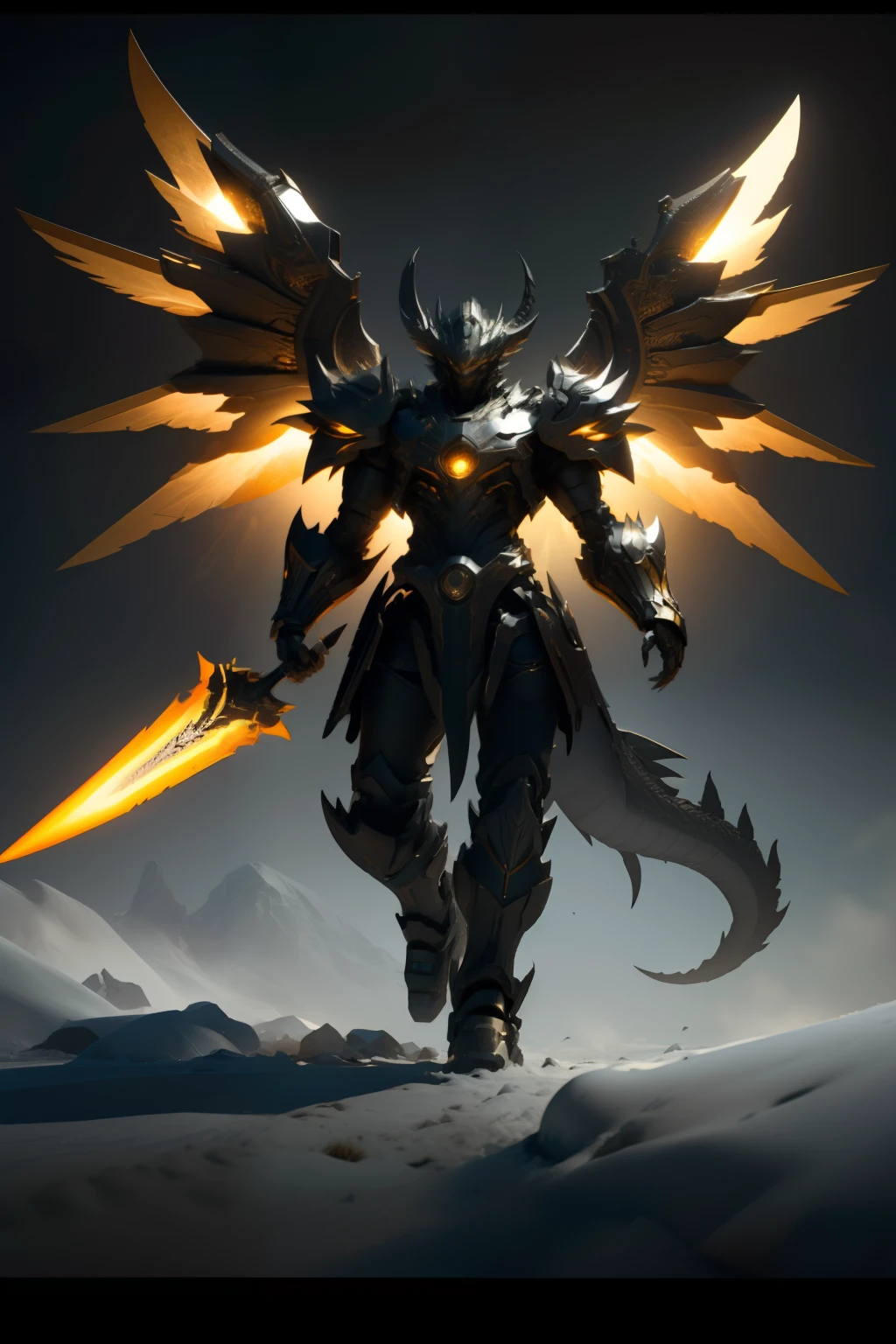 spot light、Bright lighting、Super cute furry black dragon warrior in armor、realisitic、4K、ultra-detailliert、 vray rendered、unrealengine、Mid-Journey Art Style、Snowfield background、Sword and shield in hand、wings on the back、