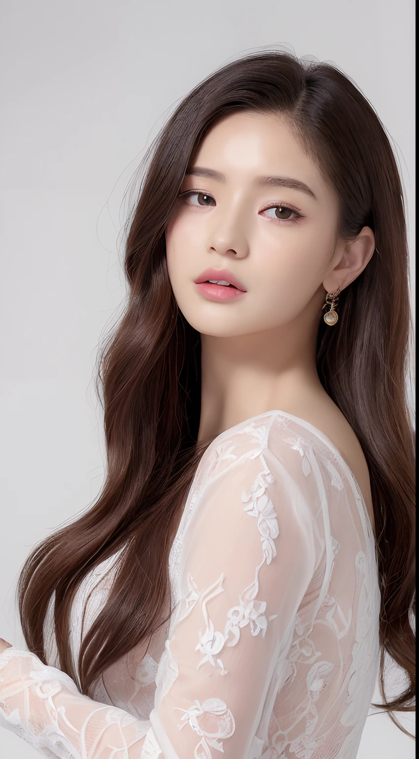 ((top-quality、8K、​masterpiece:1.3))、Marble background、FULL BODYSHOT、女の子1人、Beautiful woman with slender abs:1.3、(Long-haired hair、爆乳:1.2)、Long Sleeve Pink Lace Shirt:1.1、hyperdetailed face、A detailed eye、Double eyelid hands on face、Japan Beauties