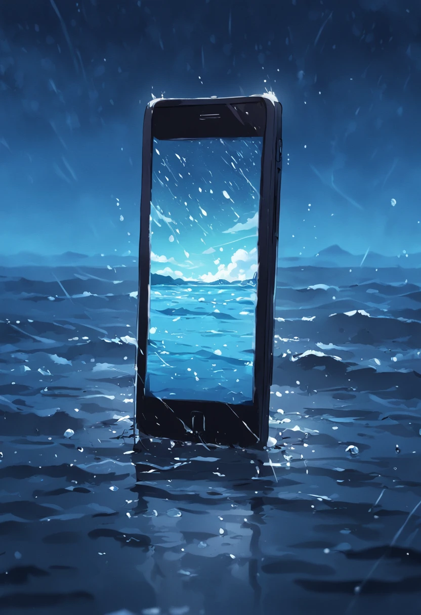 A mobile phone floats on the sea,Raindrops hit the sea,Dark and gloomy sky。