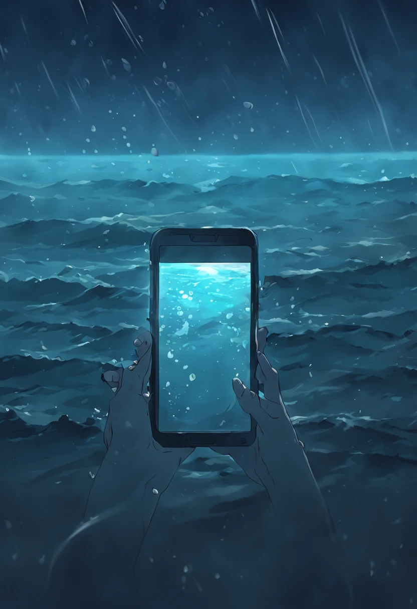 A mobile phone floats on the sea，Raindrops hit the sea，Dark and gloomy sky。