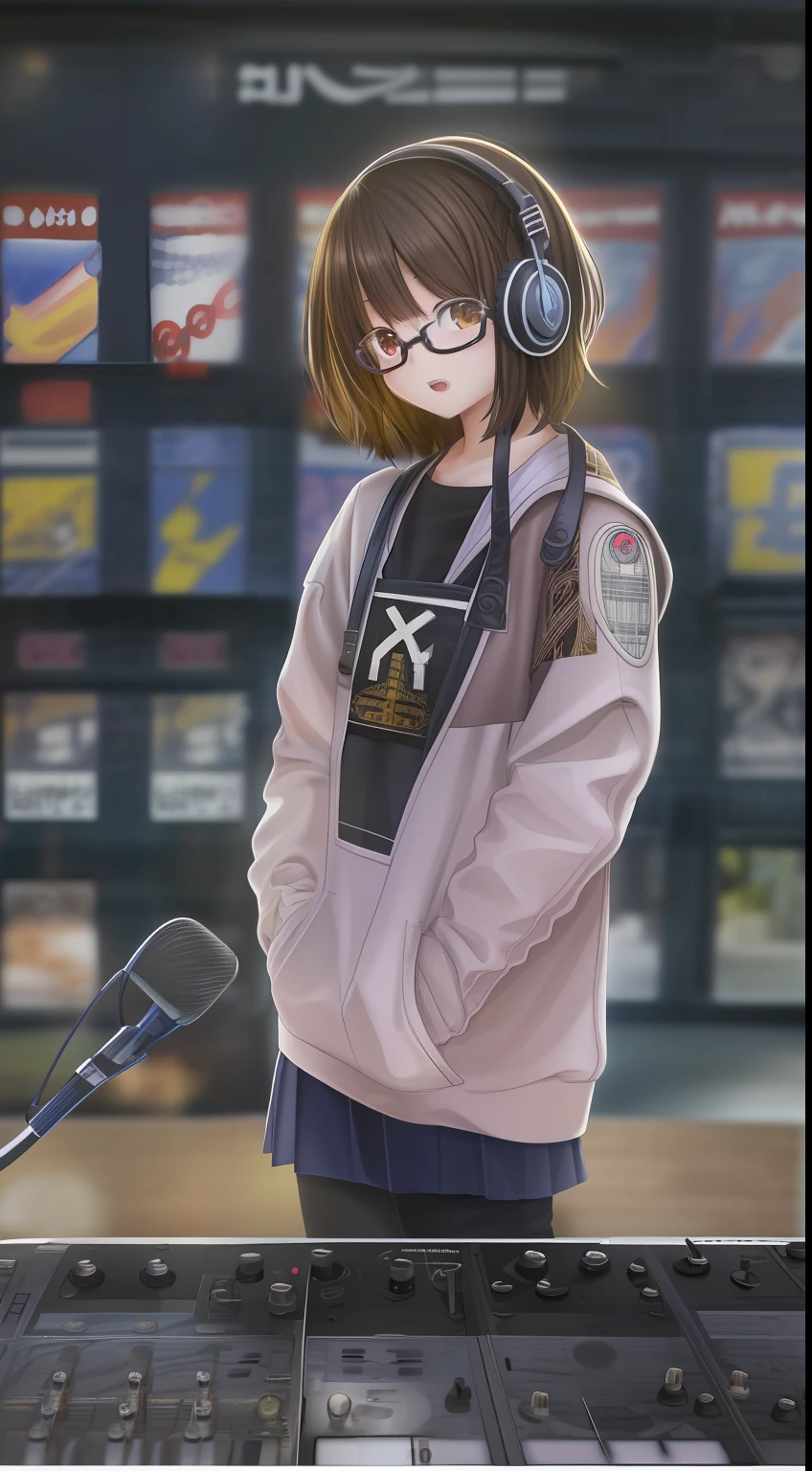 (masutepiece, Best Quality, Capture super cute moments, depth of fields, ultra-detailliert, Ultra High Resolution, C4D, Octadale, 3D Modeling, 8K, 16 K, one girls、a 、A dark-haired、short-hair、straight haired、Light brown eyes,hair adornments、wearing black glasses、Cute face)、nffsw, dj at a party, profile picture 1024px, dj set, official artwork, art promotional, Turntabrhythm DJ Scratch, dj sura、head phone、holding the mic