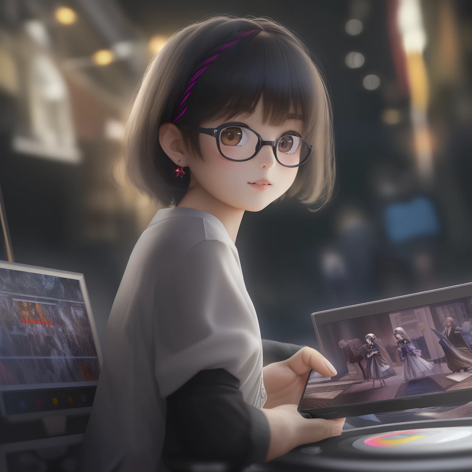 (Masterpiece, best quality, captures a super cute moment, depth of field, ultra detailed, ultra high resolution, C4D, Octadale, 3D modeling, 8k, 16k, one girls、a 、A dark-haired、short-hair、straight haired、Light brown eyes,hair adornments、wearing black glasses、cute face)、nffsw, dj at a party, profile picture 1024px, dj set, official artwork, art promotional, Turntabrhythm DJ Scratch, dj sura