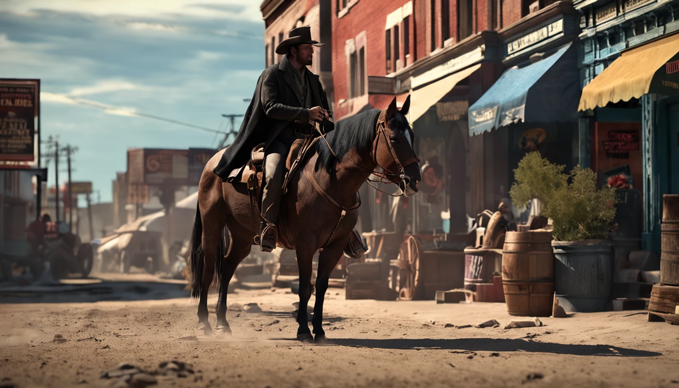 old american west - gunslinger, 35 years old, dark hair, - black hat - riding his dark horse - city street
- realistic - cinematic - colorful -- ar 16: