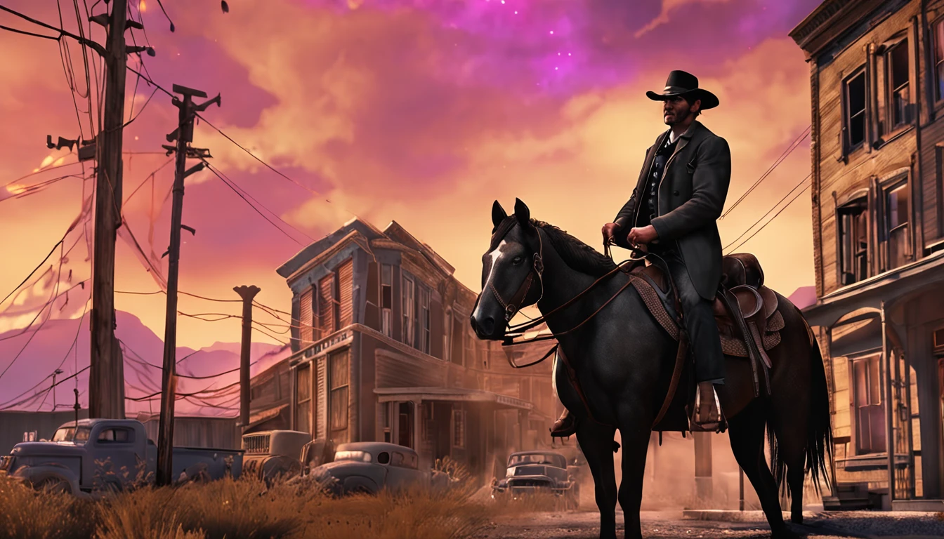 old american west - gunslinger, 35 years old, dark hair, - black hat - riding his dark horse - city street
- realistic - cinematic - colorful -- ar 16: