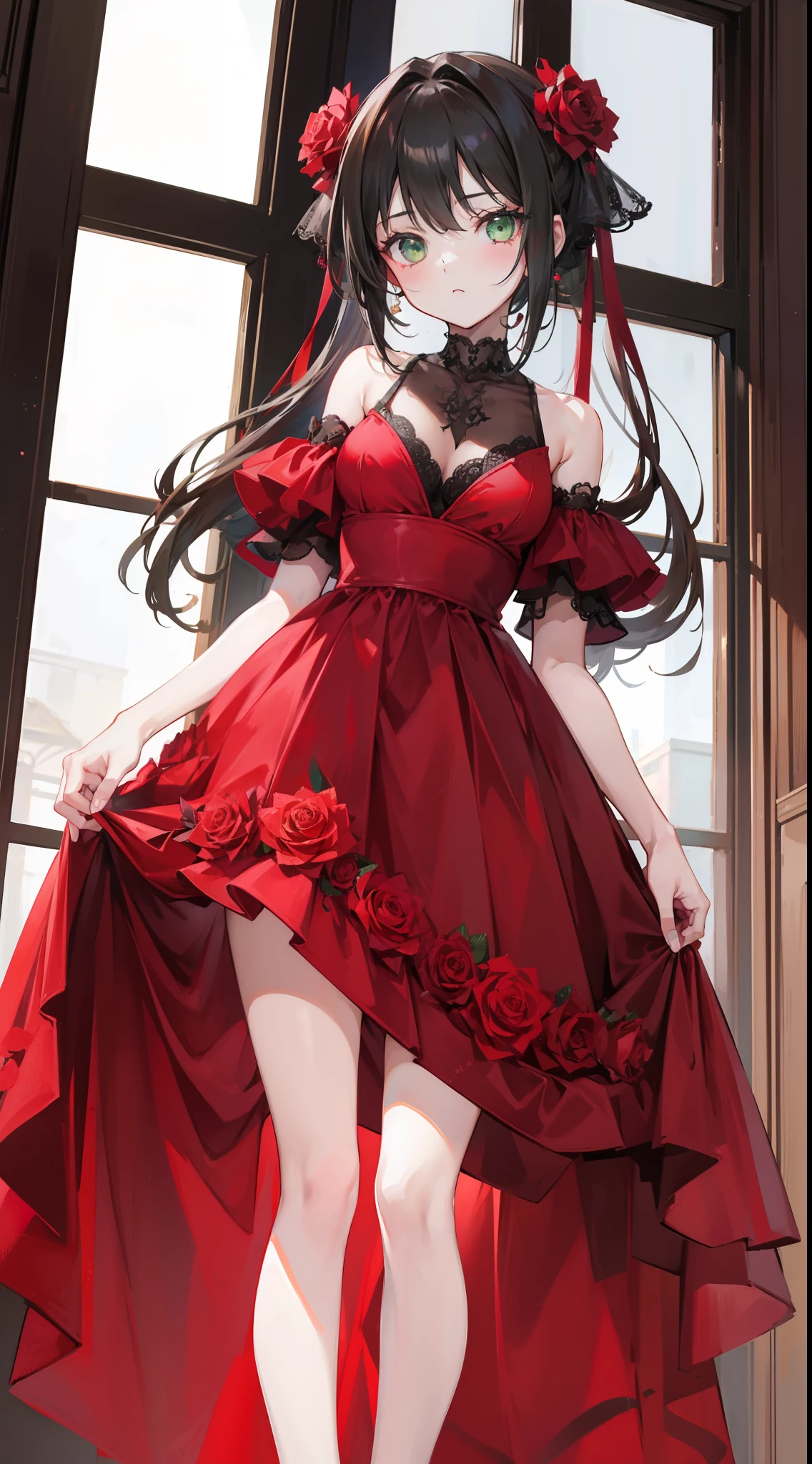 1 girl in、top-quality、Masterpiece、high-level image quality、A dark-haired、Longhaire、Green eyes、Red Mesh、Beautiful fece、Depicted from head to knee、Angle from below、from below looking up、Rose Dress、Rosa、a black skirt、large full breasts、kawaii、Lift the hem、[[bad face]], [[[Malformations]]], [[[[Multiple arms、an legs]]]]