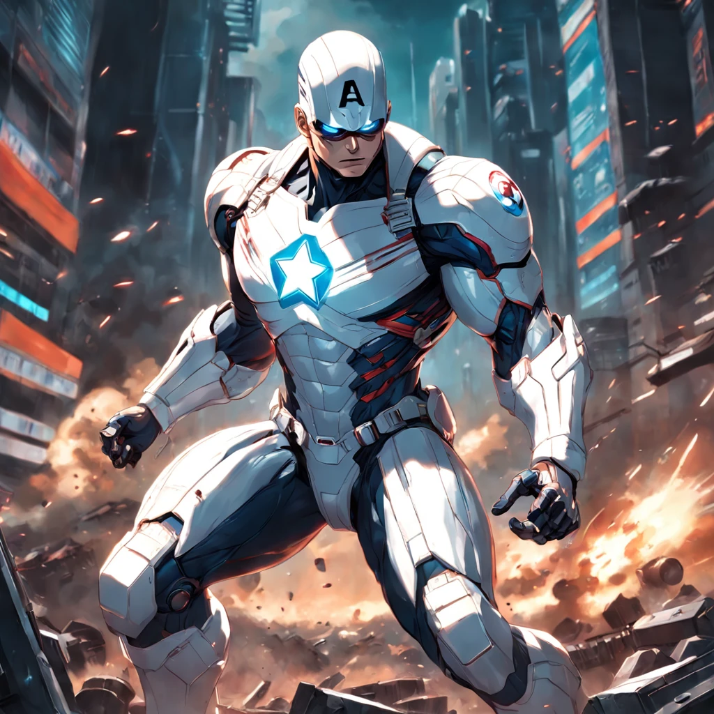 realistic depiction of the white Captain America with advanced cybernetic suit