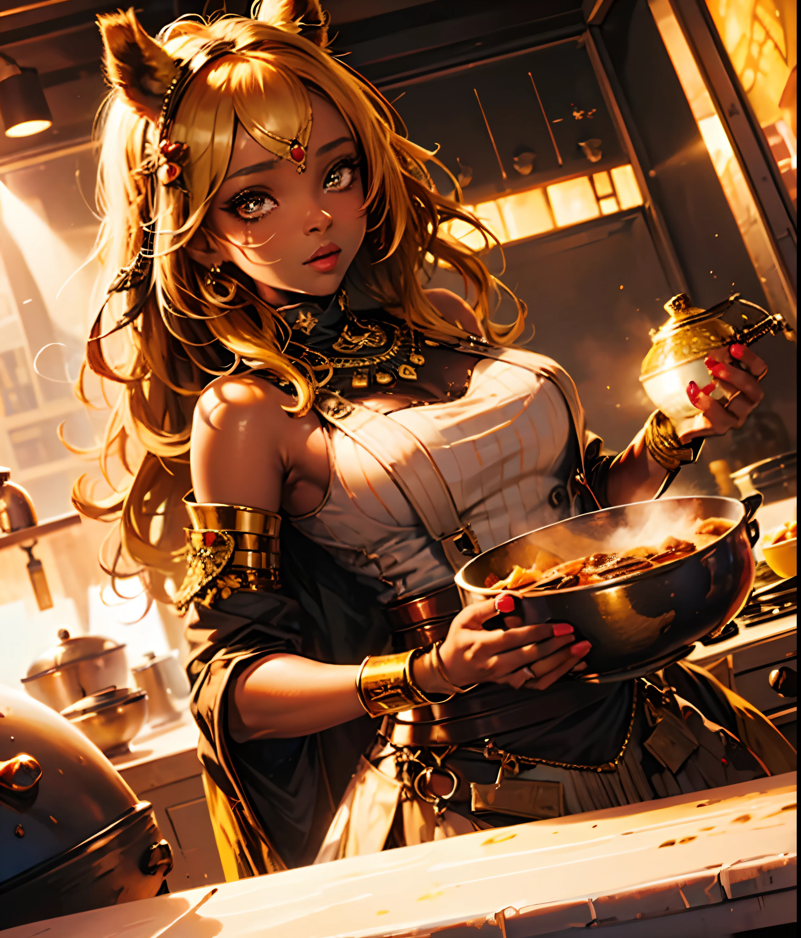 (Princess Cooking girl) ,gold eyes ,African dress (dilated pupils), (Whipped) surrounded by warm and seductive cooking steam. She has luminous(( light dark skin ))and a tantalizing camel-t , she embodies the perfect mix of seduction and power in the cooking world ,