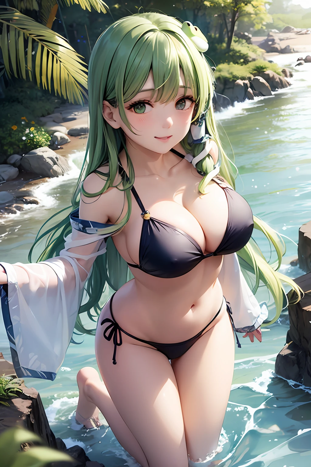 ​masterpiece, Best Quality，top-quality，{{{女の子1人}}}，独奏，{{{Sanae Dongfeng Valley/kochiya sanae}}}，{{{frog hair ornament}}}，light green hair，Long Wave Hair，hair tubes，Green eyes，White teeth，red blush，{{Big breasts}}，Sea and sandy beach background、full body seen、Bikini with green ruffles、the whole body is wet、Happy face