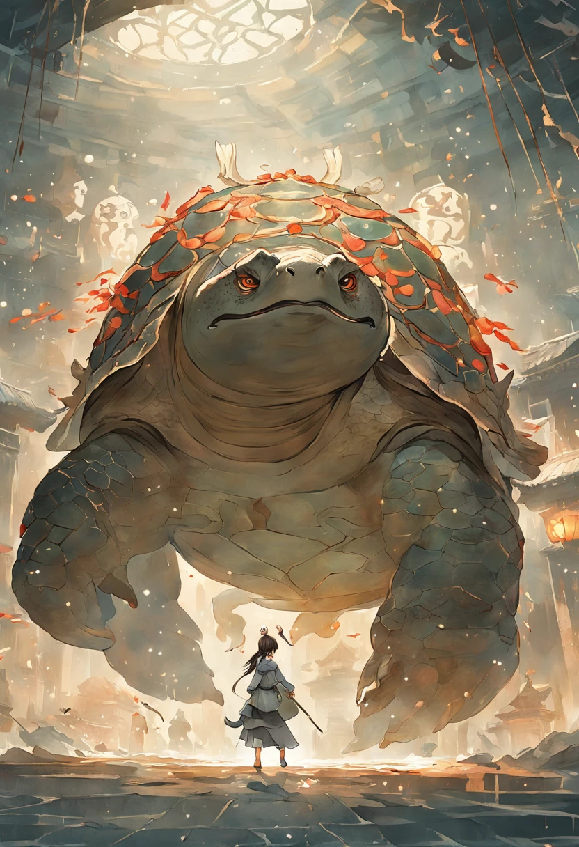 ，（ultraclear），（best qualtiy）A CG artist's work depicting the legend of the
Chinese mythical beast turtle. The turtle is a
huge body and a carapace inlaid with brilliant
gemstones, and the details are full of the artist's
creativity and imagination. The painting style
adopts the technique of Chinese ink painting,
and the turtle in the painting seems to soar into
the air in an ink landscape painting. This work is
full of the charm and mystery of traditional
Chinese culture, making people feel like they are
in a world of myths and legends, --ar 3:4 --V 5