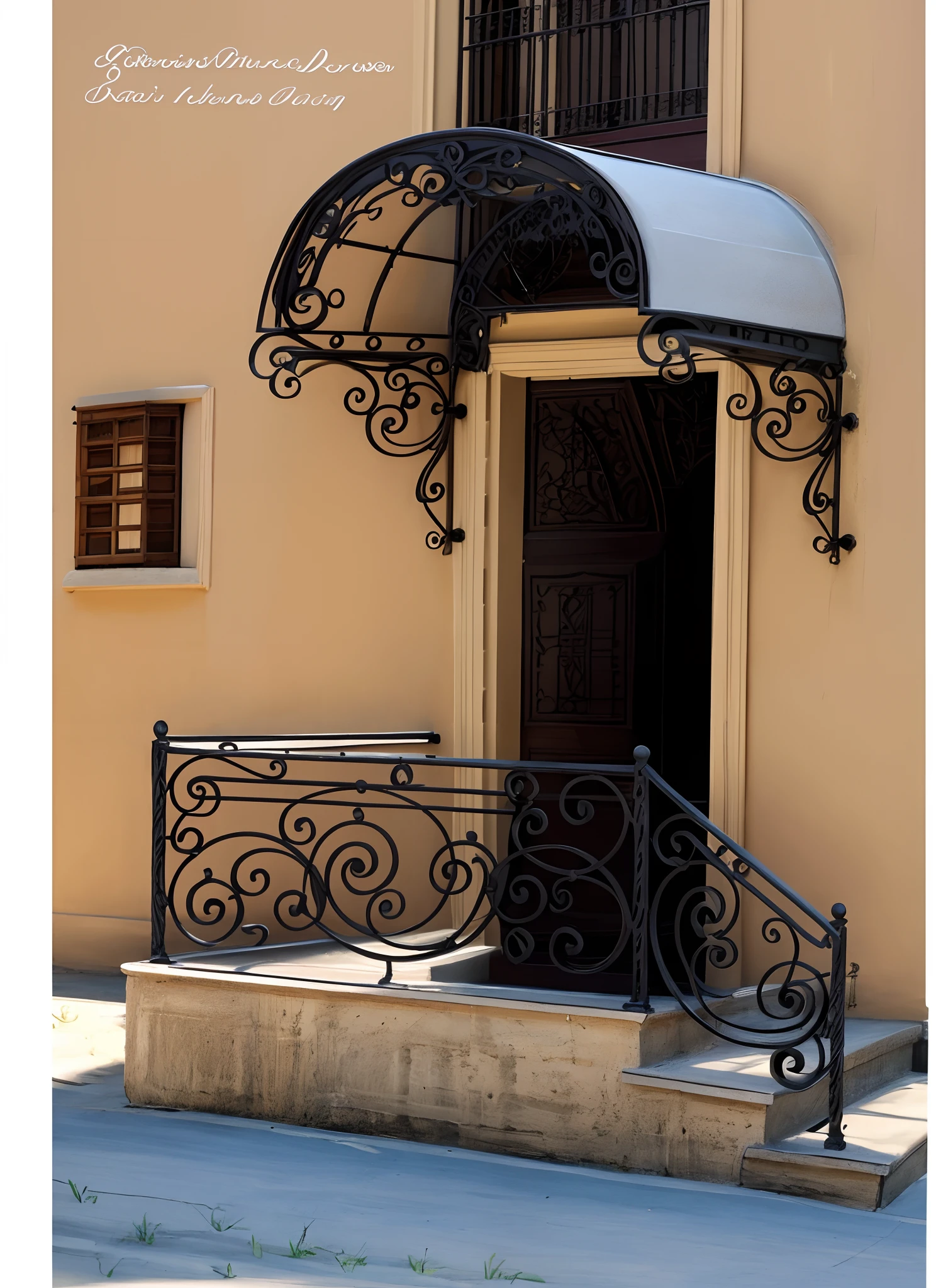 doors and balustrades with upper windows, scroll paintings, ornate and graceful, detailed sketches, wrought iron, precisely painted details, wrought iron architecture, highly detailed designs, decorative elaborate and detailed, done wrought iron, detailed architecture, artistic iron railing, very detailed, masterpiece, precise, super detailed, best quality, 4K, multicolor photo, wide angle , with climbing roses