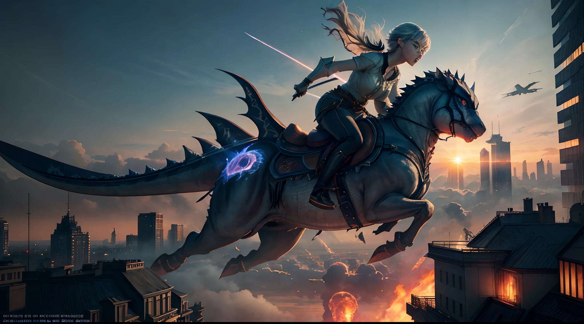 (Best Quality, Masterpiece: 1.1), (Realistic: 1.4), Beautiful girl is riding on the Godzilla, flying in the sky, god ray ,teen, silver short hair, blue eyes, over the city, fractal art,Girl holds a sword in her right hand、Godzilla breathes fire from its mouth，The city on fire