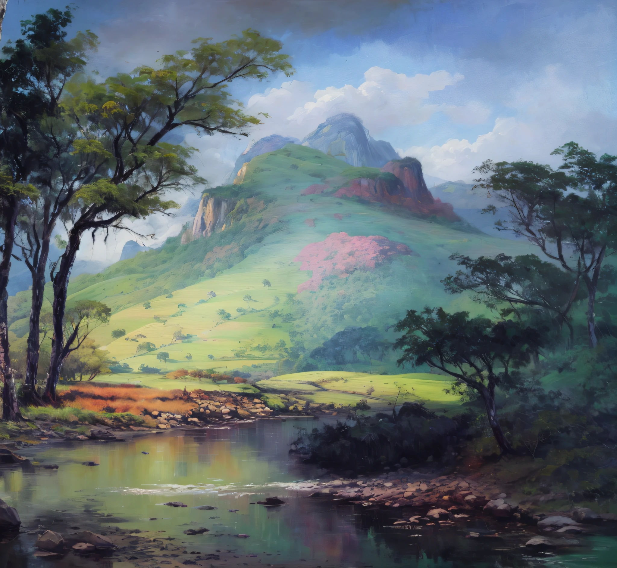pintura de um rio que atravessa um vale verde exuberante com montanhas ao fundo, colinas fluidas, 8k resolution digital painting, 8k resolution digital painting, Pintura digital 4K, Pintura digital 4k, pintura digital detalhada, baixo detalhamento. pintura digital, Pintura Digital de Alto Detalhe, peaceful landscape, rio, trees and hills, pintura detalhada 4K, pintura digital 4k