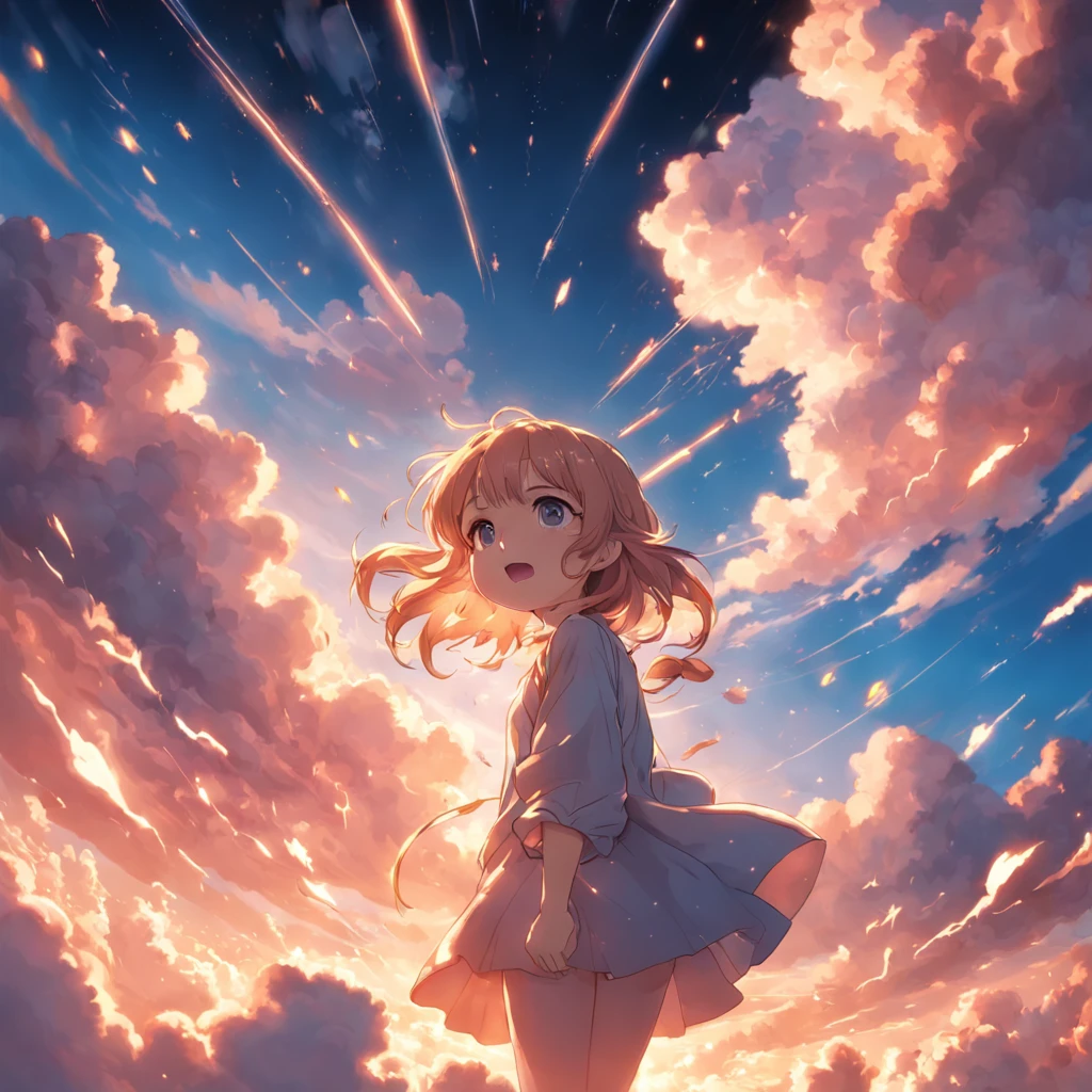 masterpiece, best quality, movie still, 1girl, cloud girl, floating in the sky, close-up, bright, happy, warm soft lighting, sunset, (sparks:0.7)