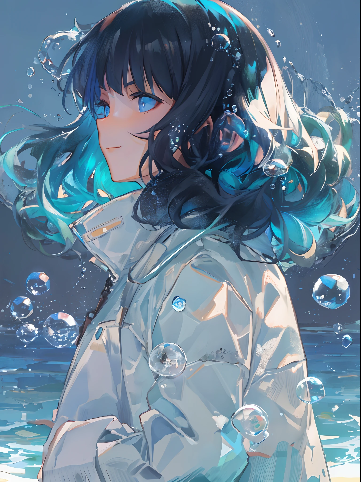 ((top-quality)), ((masterpiece)), ((ultra-detailliert)), (extremely delicate and beautiful), girl with, 独奏, cold attitude,((Black jacket)),She is very(relax)with the(Settled down)Looks,A dark-haired, depth of fields,evil smile,Bubble, under the water, Air bubble,bright light blue eyes,Inner color with black hair and light blue tips,Cold background,Bob Hair