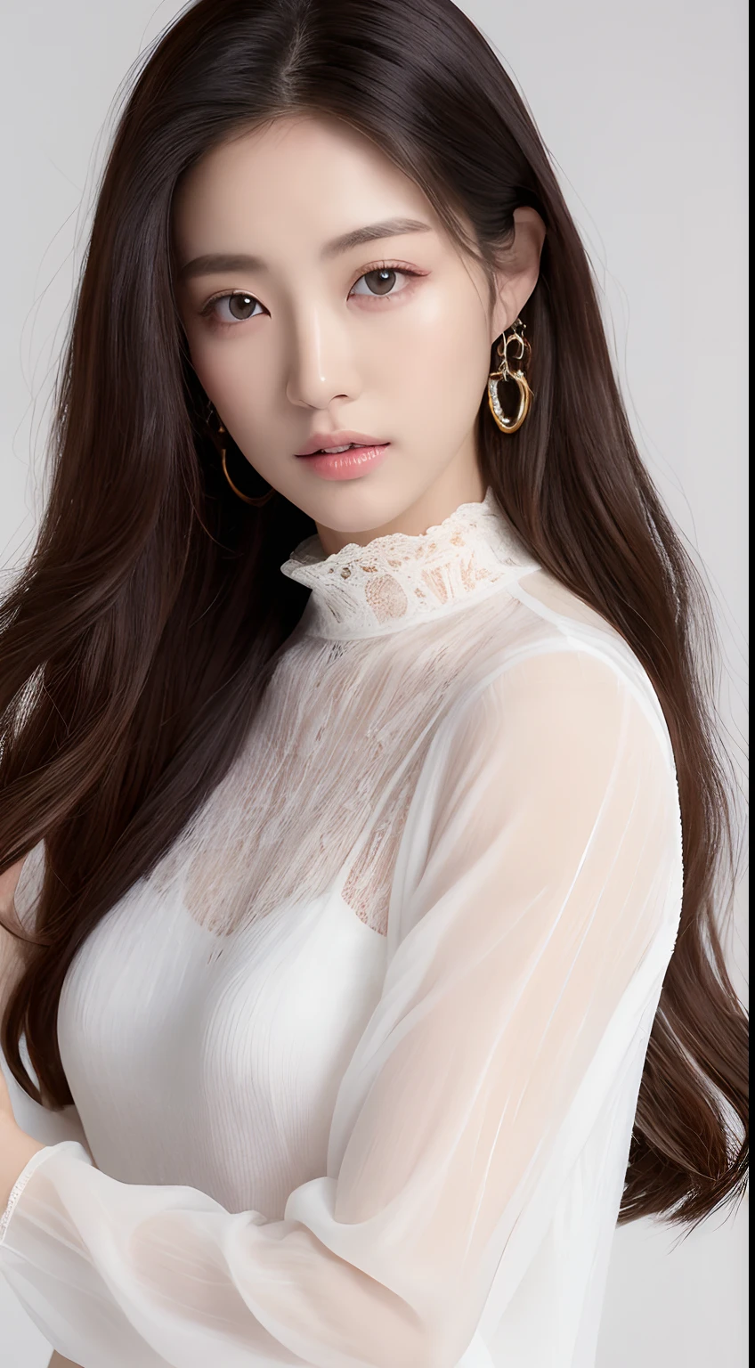 ((top-quality、8K、masterpiece:1.3))、Marble background、FULL BODYSHOT、女の子1人、Beautiful woman with slender abs:1.3、(Long-haired hair、爆乳:1.2)、Long Sleeve Pink Lace High Neck Shirt:1.1、hyperdetailed face、A detailed eye、Double eyelid hands on face、Korean Beauties