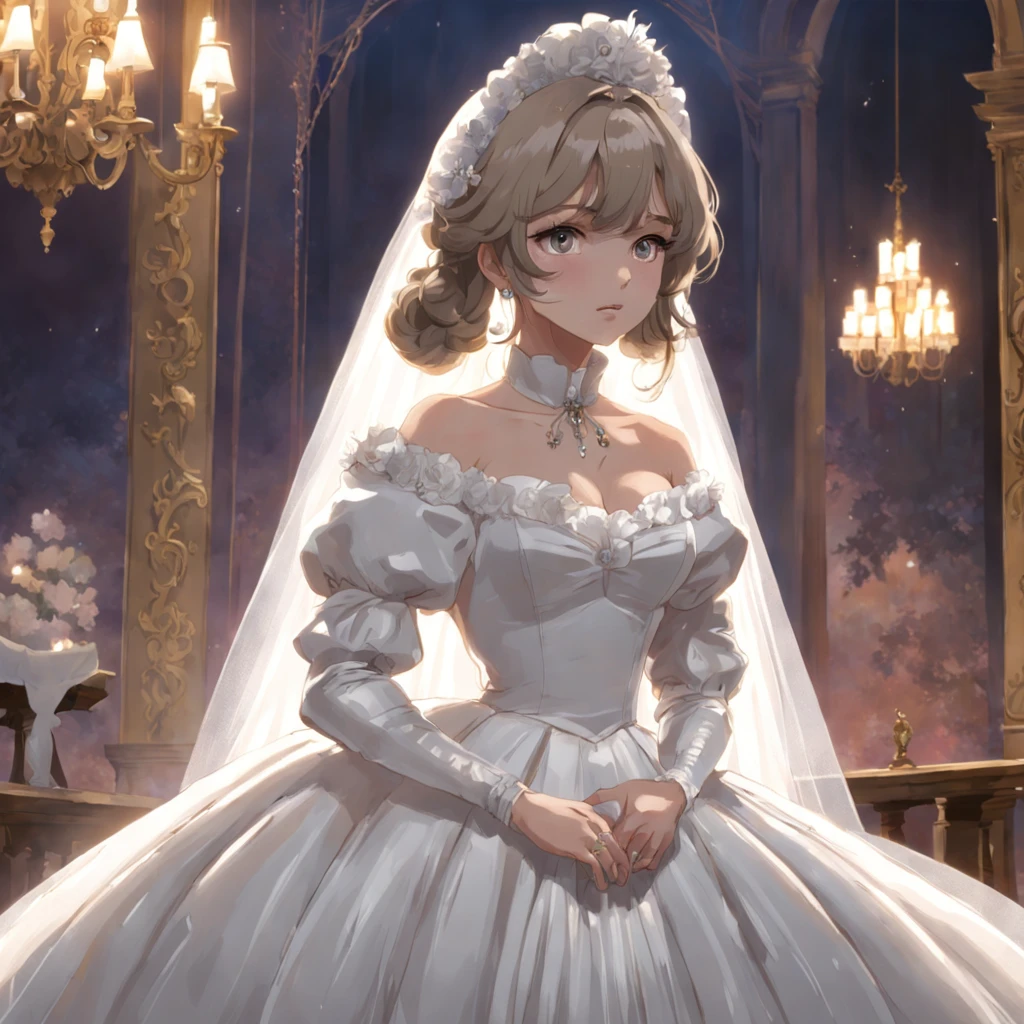 Best quality, Masterpiece, A stunningly beautiful Greer Gramer as a royal bride,Wearing a solemn and delicate white satin and tulle royal wedding dress,Decorated with a huge ribbon bow, Lace, frilld, Braided pleats, Embroidery and jewelry, With huge puff sleeves, Hourglass waist and voluminous Crinoline hoop skirt, bustle, and trains, white long gloves, pearl necklace and earrings, Carefully curly and styled black hair
