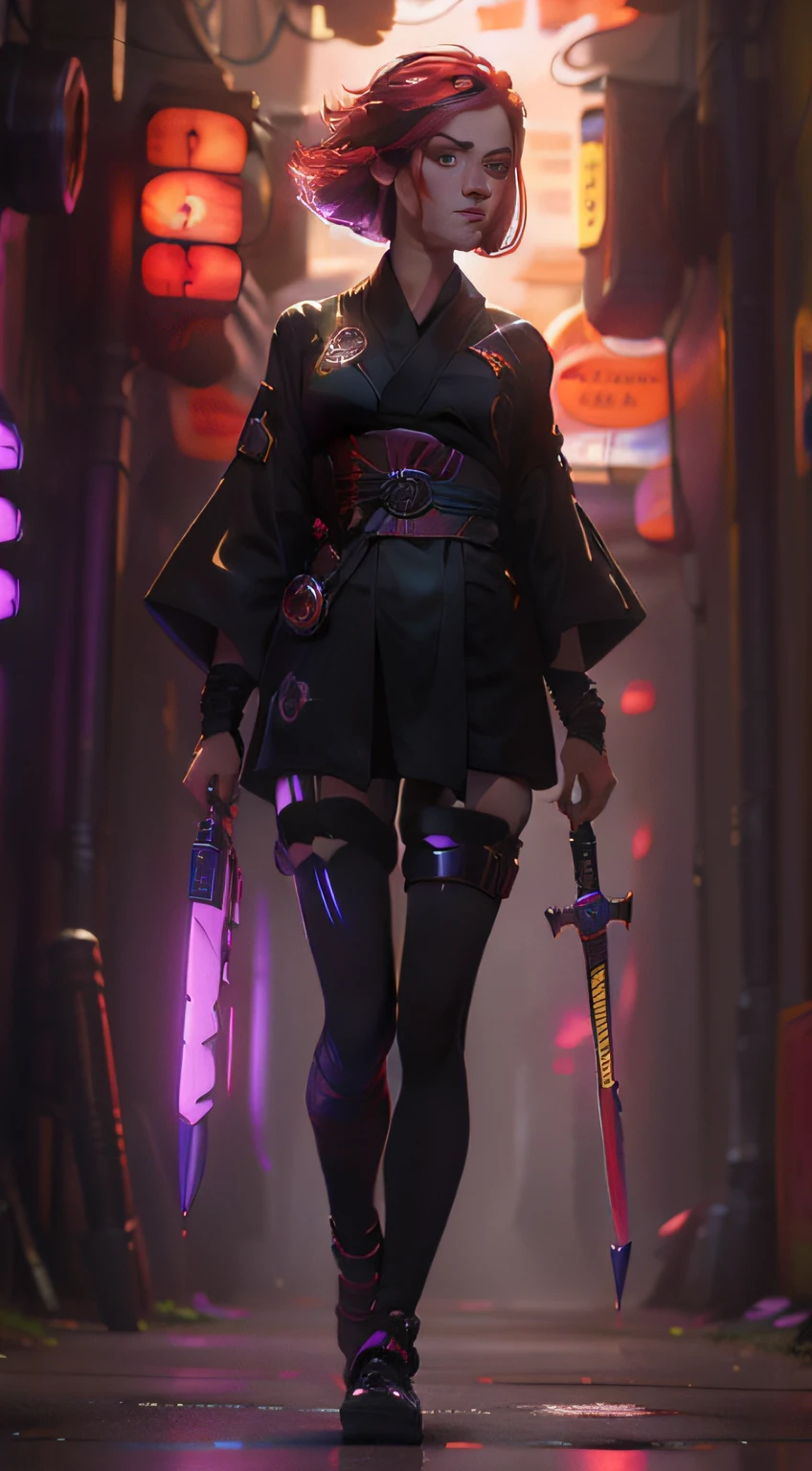 A European and American woman with red hair,short detailed hair,hair straight,Took a dagger,Wearing a Japanese kimono,clogs,full bodyesbian,Expose your feet,standing on your feet,CG,cyber punk perssonage,fond violet,Five fingers