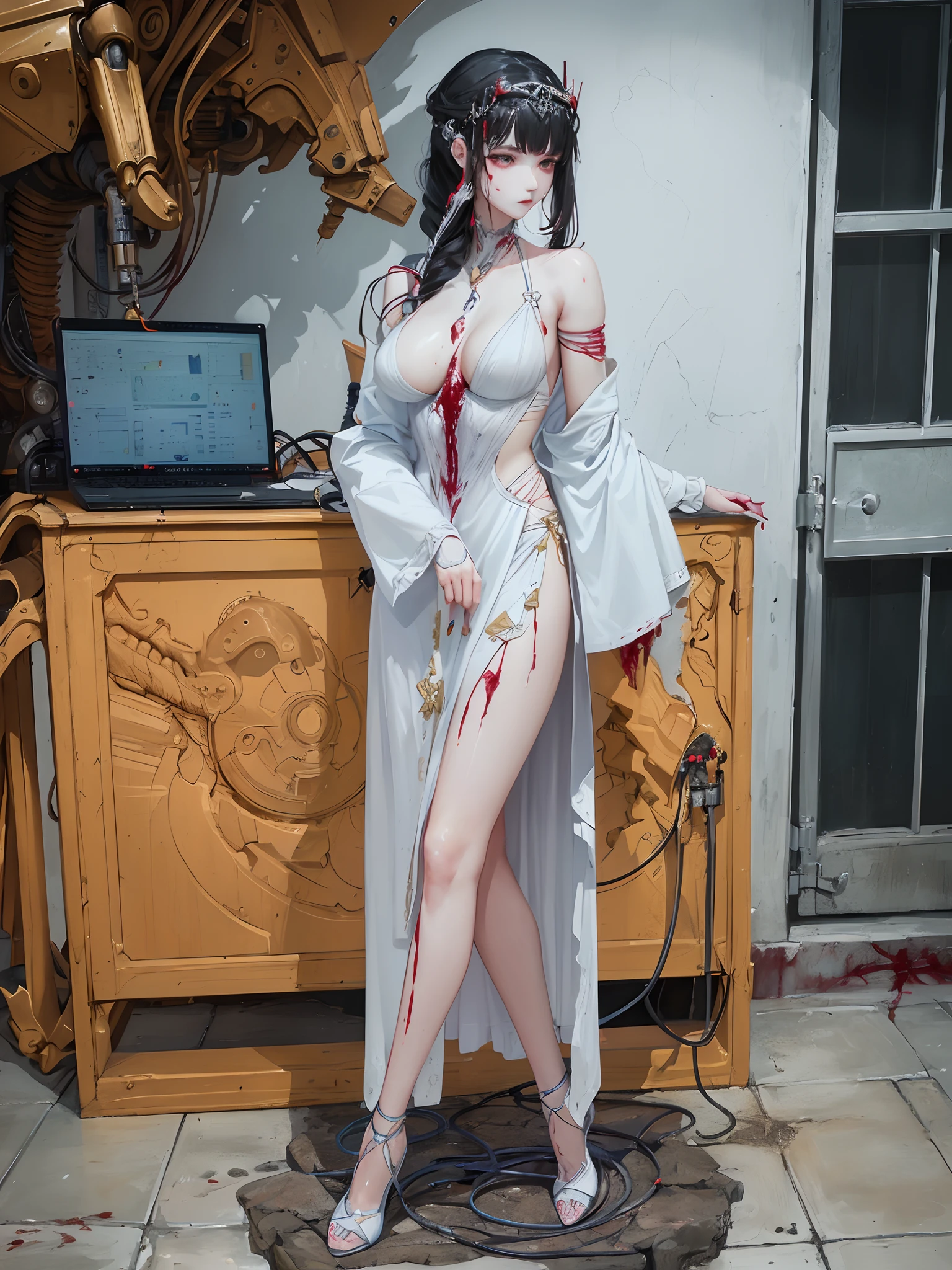 (masterpiece, top quality, best quality, official art, beautiful and aesthetic:1.2), (1girl:1.3), extreme detailed,colorful,highest detailed ((ultra-detailed)), (highly detailed CG illustration), ((an extremely delicate and beautiful)),(from side),cinematic light,((1mechanical girl)),solo,full body,(machine made joints:1.2),((machanical limbs)),(blood vessels connected to tubes),(mechanical vertebra attaching to back),((mechanical cervial attaching to neck)),(sitting),expressionless,(wires and cables attaching to neck:1.2),(wires and cables on head:1.2)(character focus),science fiction,white background,(blood:1.5)