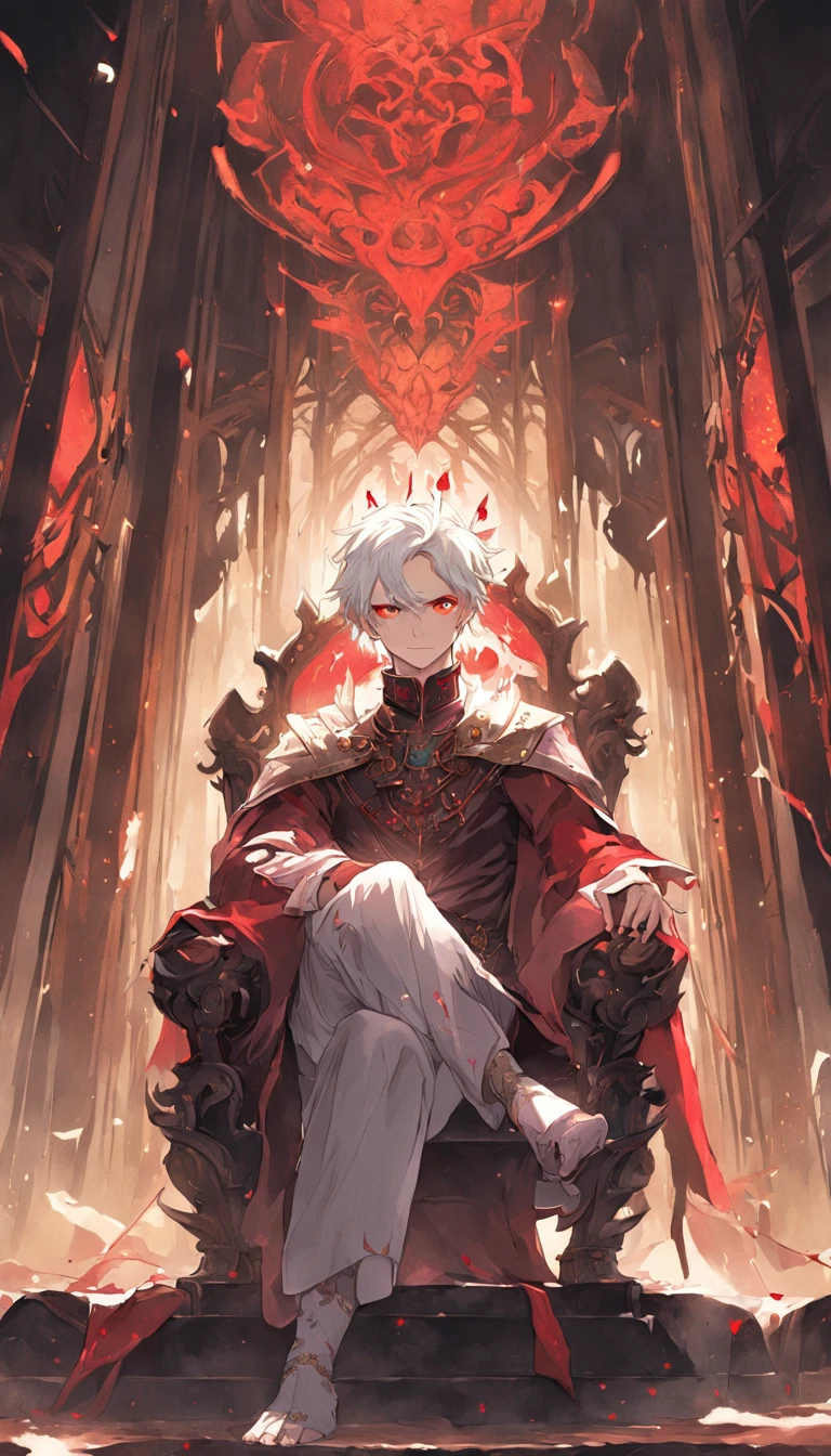 A white-haired, red-eyed prince sits on a majestic throne inside an abandoned palace. The environment around him is dark and gloomy, with cracks in the walls and cobwebs hanging there. The throne is ornate, with details in gold and precious stones, and is covered by a dusty cloth. The protagonist is wearing royal clothing, with a determined expression on his face, as he stares at the horizon with glowing red eyes