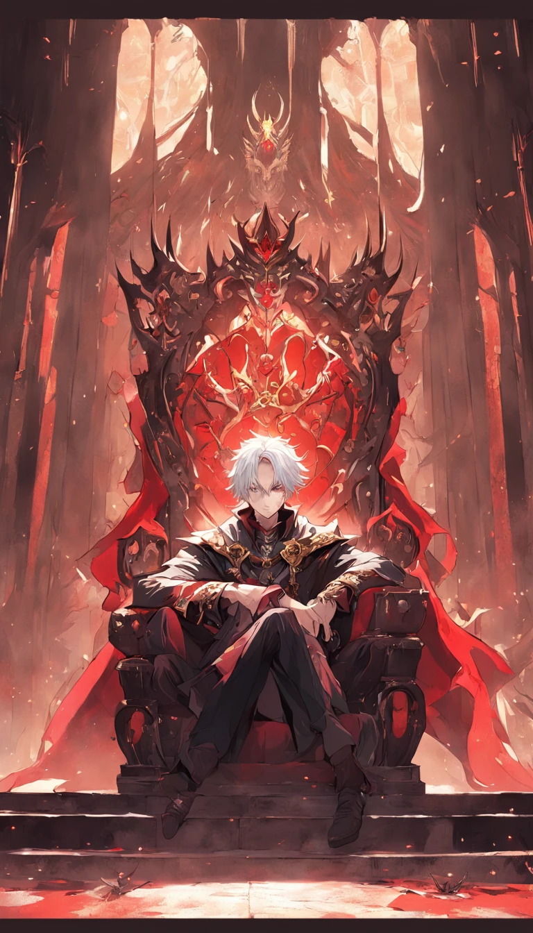 A white-haired, red-eyed prince sits on a majestic throne inside an abandoned palace. The environment around him is dark and gloomy, with cracks in the walls and cobwebs hanging there. The throne is ornate, with details in gold and precious stones, and is covered by a dusty cloth. The protagonist is wearing royal clothing, with a determined expression on his face, as he stares at the horizon with glowing red eyes