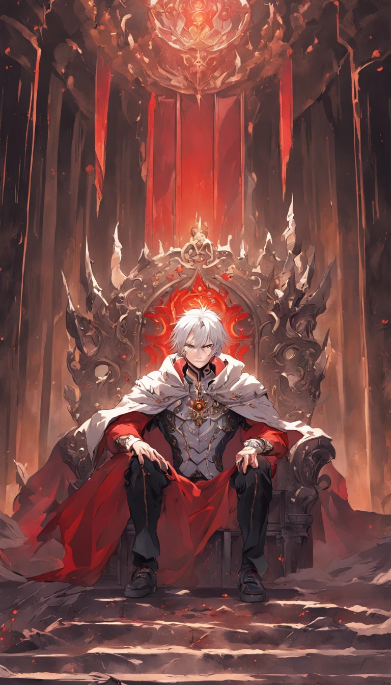 A white-haired, red-eyed prince sits on a majestic throne inside an abandoned palace. The environment around him is dark and gloomy, with cracks in the walls and cobwebs hanging there. The throne is ornate, with details in gold and precious stones, and is covered by a dusty cloth. The protagonist is wearing royal clothing, with a determined expression on his face, as he stares at the horizon with glowing red eyes