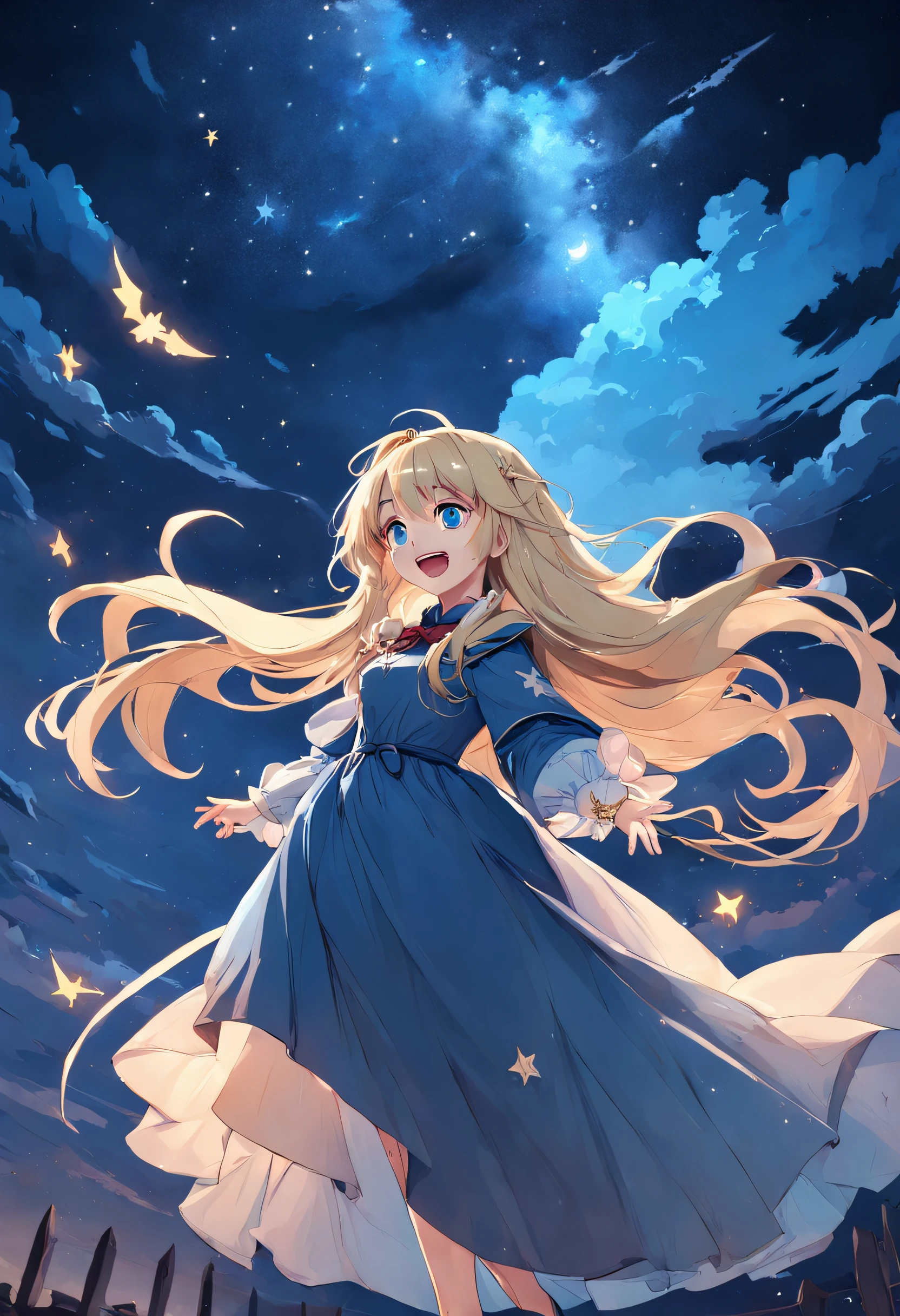 ((Masterpiece: 1.2, Best Quality)), 1girl, Solo, (Witch Hat), Blonde, Long Hair, Dress, Aurora, Night, Stars (Sky), Gloves, Sky, White Dress, Night Sky, Open Mouth, Starry Sky, Blue Eyes, Ribbon, Very Long Hair, Red Dress, Smile, Hair Ribbon, Cloak, Blue Hair, (Bird), Magic, Casting Spells, Dark Clouds, Night, (Impressionism: 1.4), (Tarot: 1.3) , Alphonse Mucha,