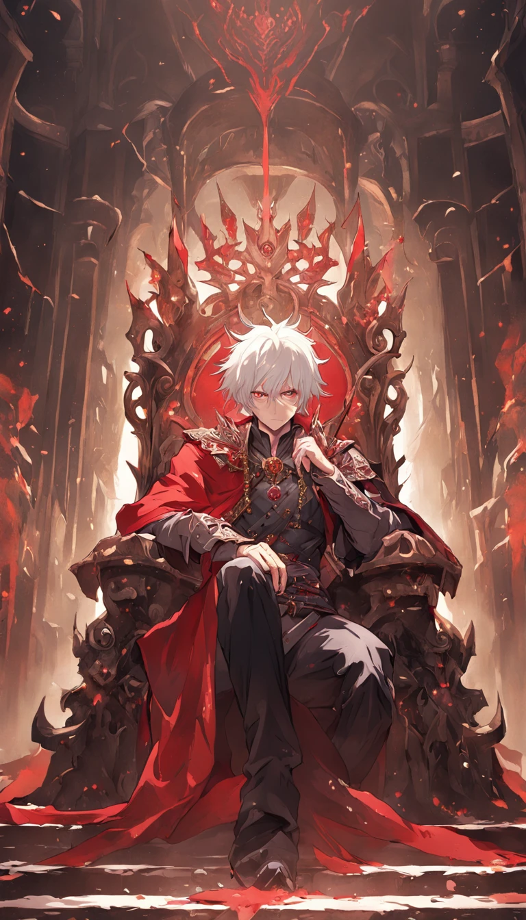 A white-haired, red-eyed prince sits on a majestic throne inside an abandoned palace. The environment around him is dark and gloomy, with cracks in the walls and cobwebs hanging there. The throne is ornate, with details in gold and precious stones, and is covered by a dusty cloth. The protagonist is wearing royal clothing, with a determined expression on his face, as he stares at the horizon with glowing red eyes