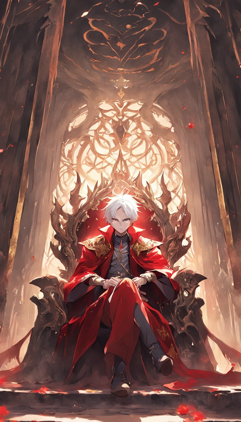 A white-haired, red-eyed prince sits on a majestic throne inside an abandoned palace. The environment around him is dark and gloomy, with cracks in the walls and cobwebs hanging there. The throne is ornate, with details in gold and precious stones, and is covered by a dusty cloth. The protagonist is wearing royal clothing, with a determined expression on his face, as he stares at the horizon with glowing red eyes