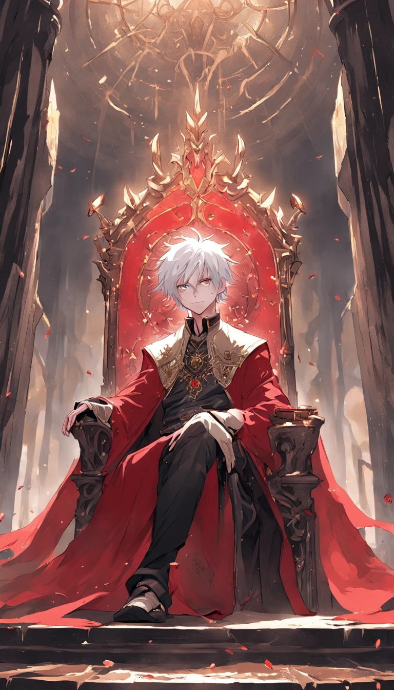 An 8-year-old Catholic boy in white sits sideways next to him on a throne piled with skulls with his eyes closed, high high quality, Clear focus (mess - house: 0.8), (tmasterpiece: 1.2) (realisticlying: 1.2) (Bokeh) (best qualityer) (Detailed skins: 1.3) (intricately details) (8K) (eye detailed) (foco nítido), (having fun) (a variety of poses) desenho