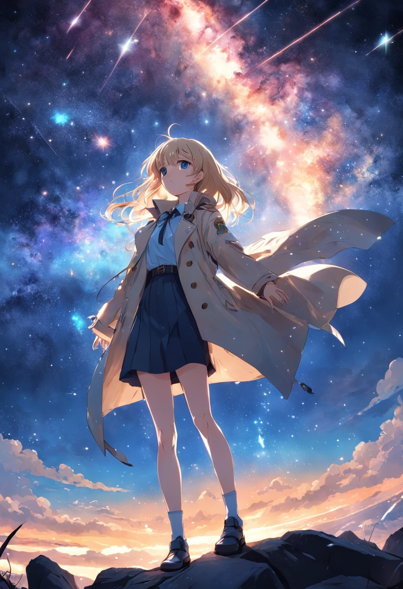 The entire galactic starry sky,Magnificent,Twinkling starlight,Boundless,Fantastic sights。shoun,Wear a trench coat,Stretch out your hands to the sky。