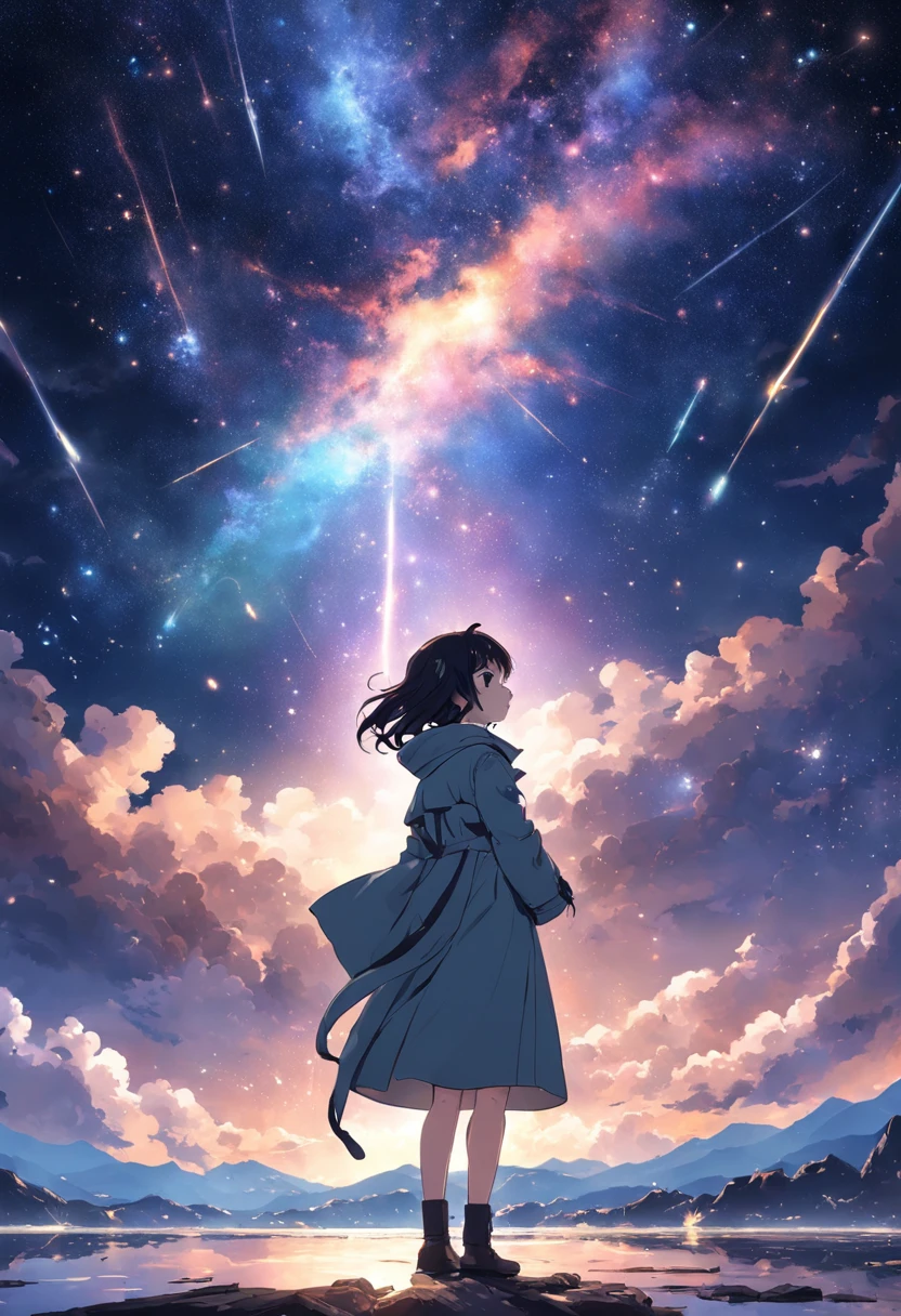 The entire galactic starry sky,Magnificent,Twinkling starlight,Boundless,Fantastic sights。shoun,Wear a trench coat,Stretch out your hands to the sky。