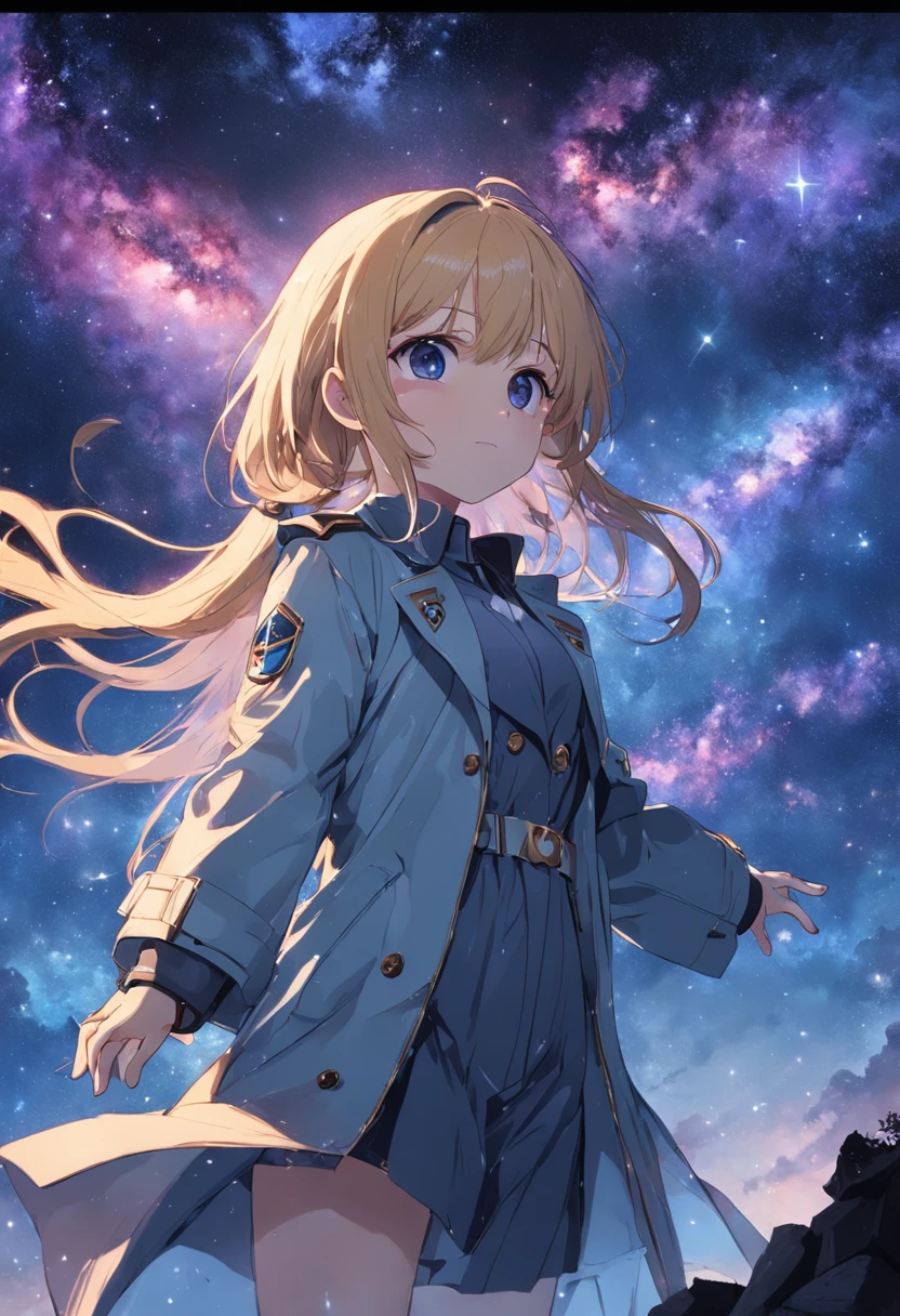 The entire galactic starry sky,Magnificent,Twinkling starlight,Boundless,Fantastic sights。shoun,Wear a trench coat,Stretch out your hands to the sky。