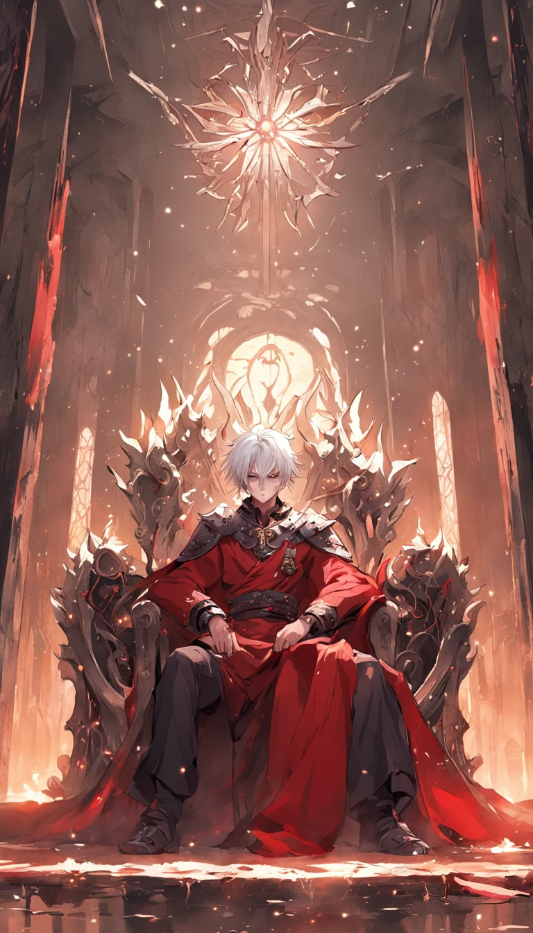 A white-haired, red-eyed prince sits on a majestic throne inside an abandoned palace. The environment around him is dark and gloomy, with cracks in the walls and cobwebs hanging there. The throne is ornate, with details in gold and precious stones, and is covered by a dusty cloth. The protagonist is wearing royal clothing, with a determined expression on his face, as he stares at the horizon with glowing red eyes