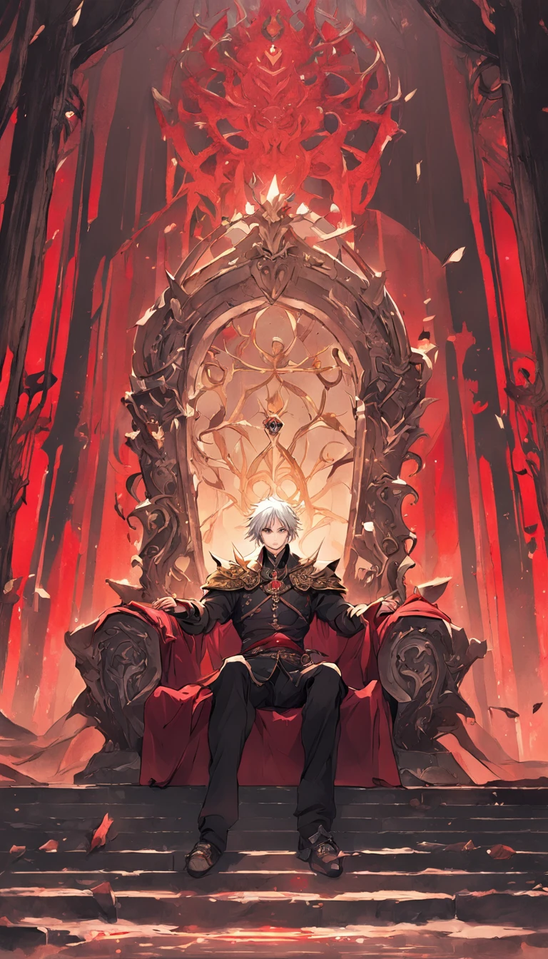 A white-haired, red-eyed prince sits on a majestic throne inside an abandoned palace. The environment around him is dark and gloomy, with cracks in the walls and cobwebs hanging there. The throne is ornate, with details in gold and precious stones, and is covered by a dusty cloth. The protagonist is wearing royal clothing, with a determined expression on his face, as he stares at the horizon with glowing red eyes
