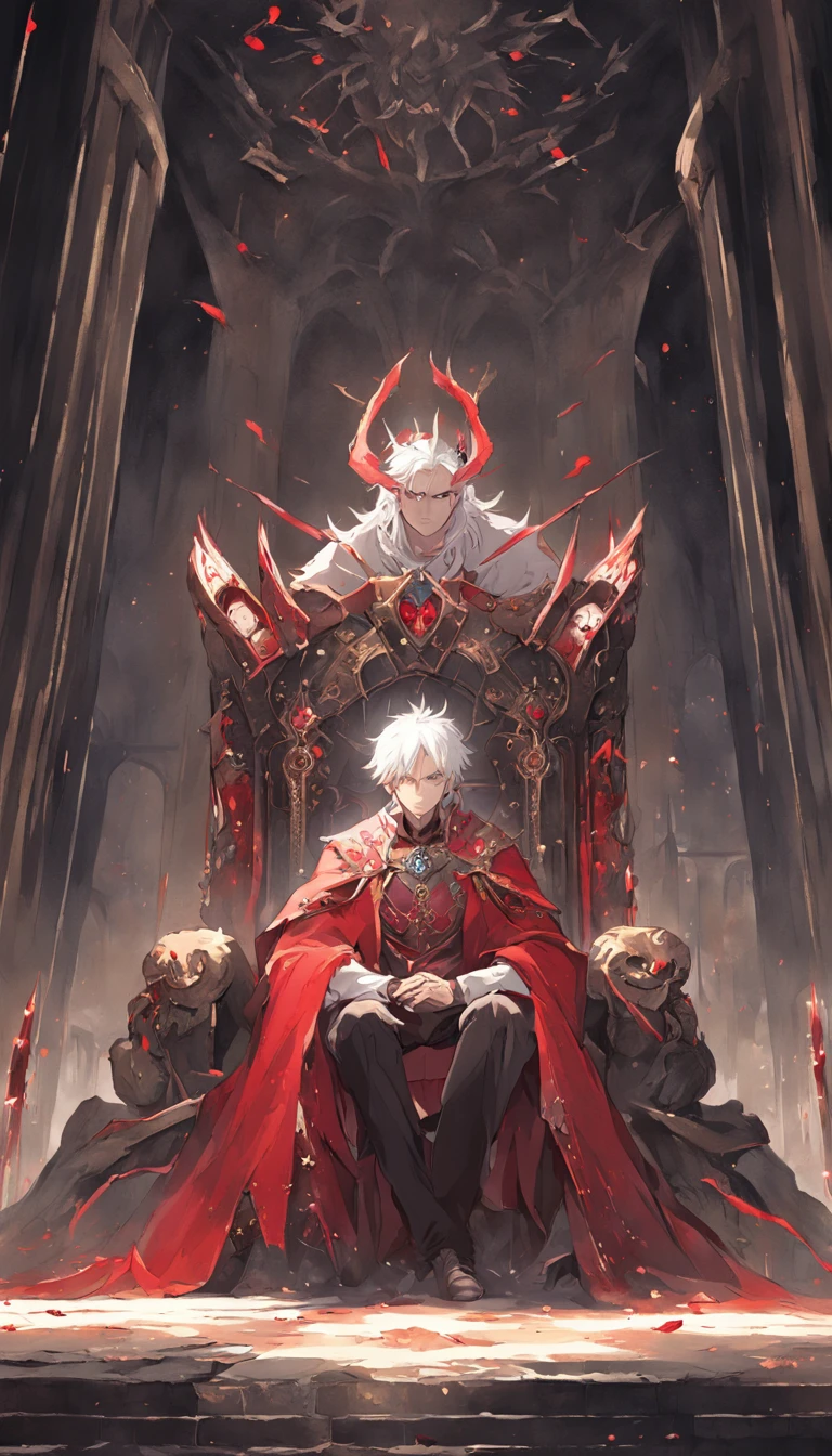 A white-haired, red-eyed prince sits on a majestic throne inside an abandoned palace. The environment around him is dark and gloomy, with cracks in the walls and cobwebs hanging there. The throne is ornate, with details in gold and precious stones, and is covered by a dusty cloth. The protagonist is wearing royal clothing, with a determined expression on his face, as he stares at the horizon with glowing red eyes