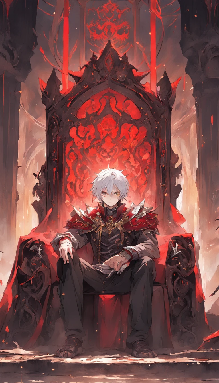 A white-haired, red-eyed prince sits on a majestic throne inside an abandoned palace. The environment around him is dark and gloomy, with cracks in the walls and cobwebs hanging there. The throne is ornate, with details in gold and precious stones, and is covered by a dusty cloth. The protagonist is wearing royal clothing, with a determined expression on his face, as he stares at the horizon with glowing red eyes