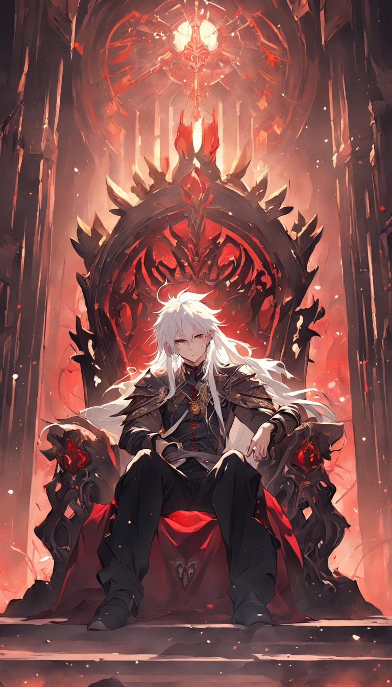 A white-haired, red-eyed prince sits on a majestic throne inside an abandoned palace. The environment around him is dark and gloomy, with cracks in the walls and cobwebs hanging there. The throne is ornate, with details in gold and precious stones, and is covered by a dusty cloth. The protagonist is wearing royal clothing, with a determined expression on his face, as he stares at the horizon with glowing red eyes