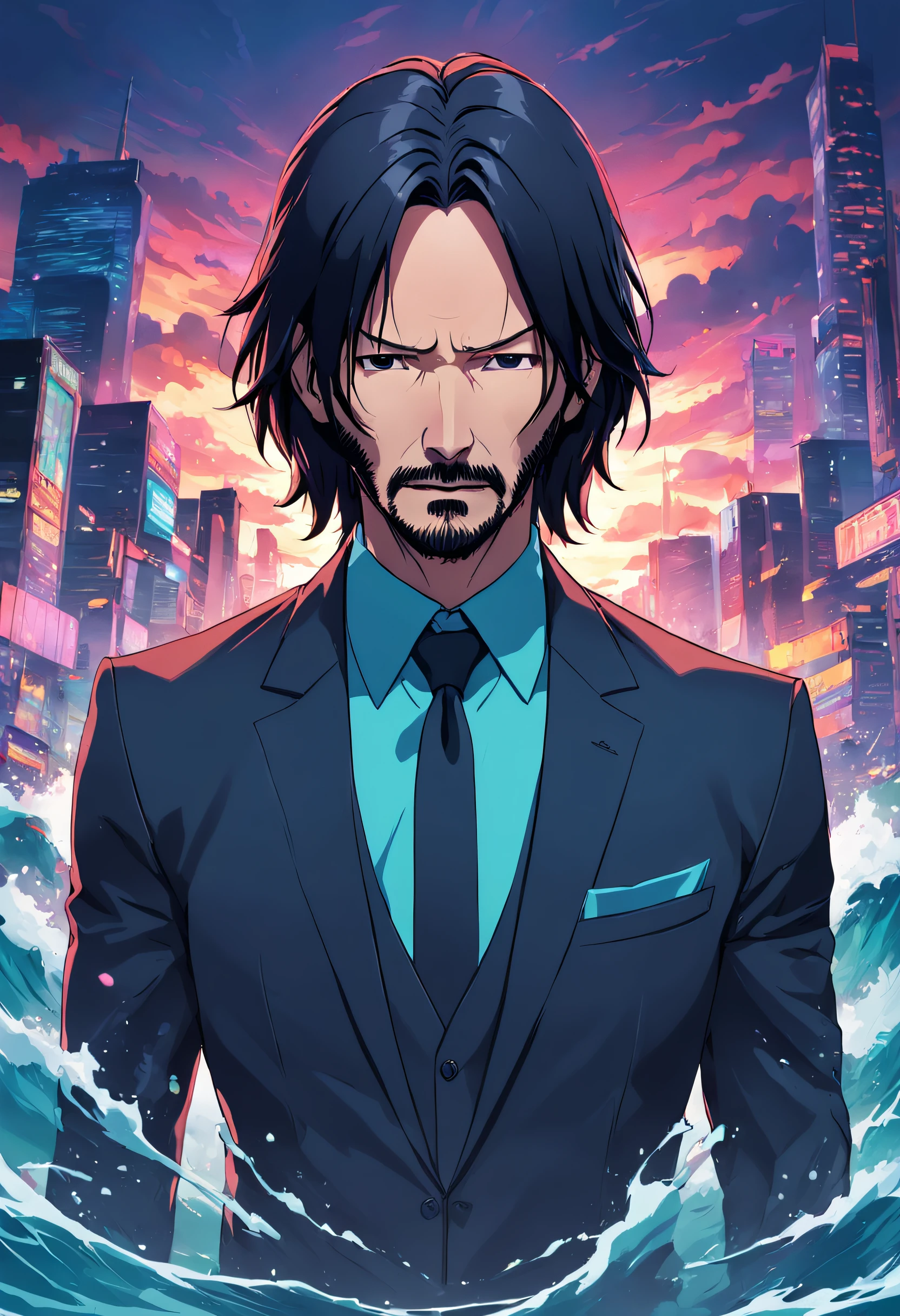 keanu reeves como john wick ::anime style vivid colors, corpo inteiro ::n_estilo olhos ruins, Deformations
