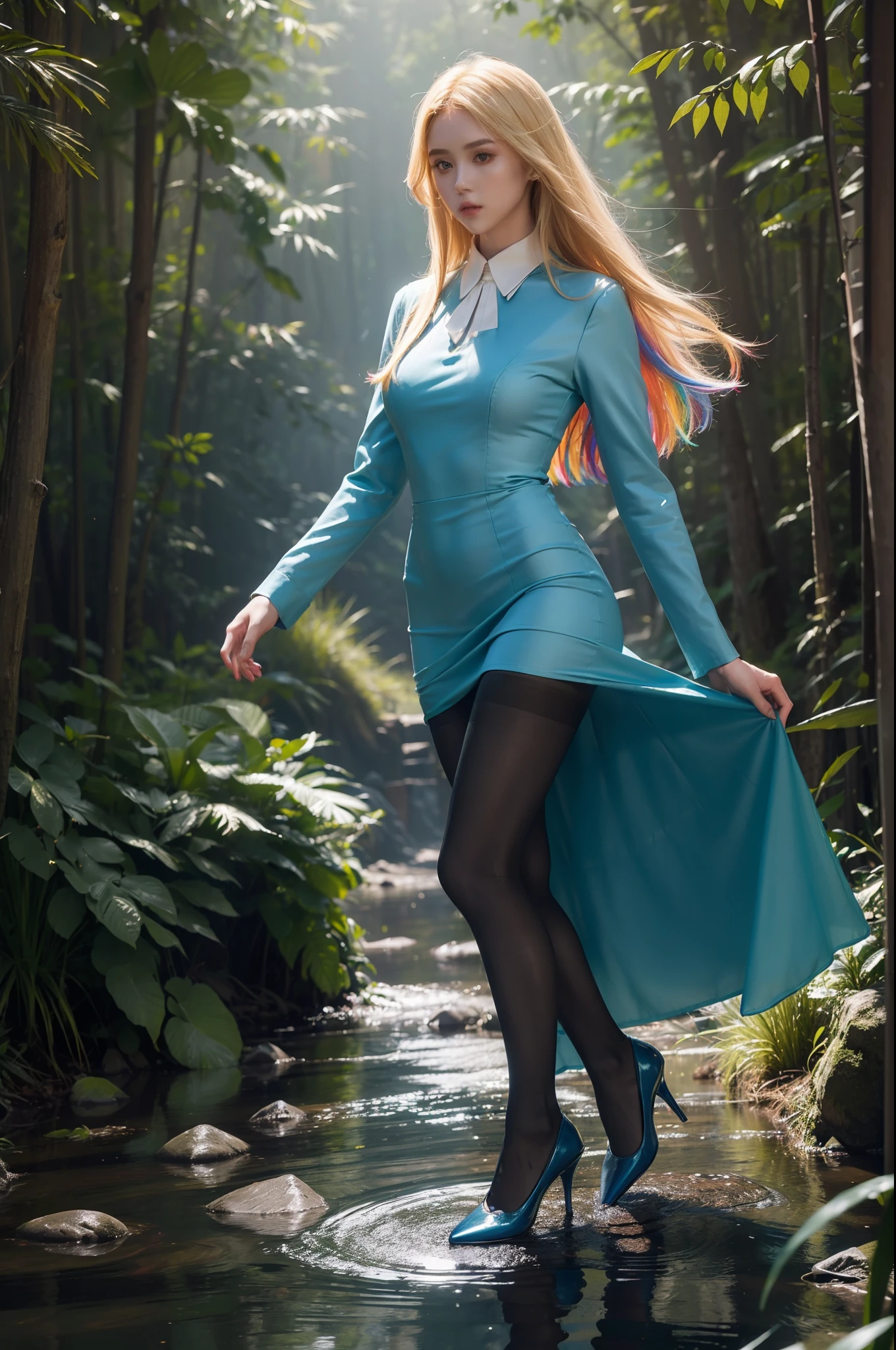 (full body:2),(1girl:1.3),(view the viewer:1.4),(anatomy correct:1.4),(((colorful pantyhose)):1.3), (pointed thick heels :1.3),,((Dancing By the creek in the forest):1.2),((Medieval witch knee-length dress suit):1.3),(Extra Long blonde Hair:1.2),(Accurate and perfect face:1.3),(Long legs and big feet:1.3),((Polished clothing):1.2),((Skin reflection , Skin Gloss):1.2),((((( colorful)))):1.2),hyper HD, Ray traching, reflective light, structurally correct, Award-Awarded, high detail, lighten shade contrast, Face lighting ,cinematic lighting, masterpiece, super detailing, high quality, high detail, best quality, 16k,High contrast,
