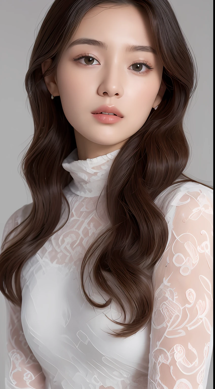((top-quality、8K、masterpiece:1.3))、Marble background、FULL BODYSHOT、1人、Beautiful woman with slender abs:1.3、(Long curly hair、爆乳:1.2)、Long Sleeve Pink Lace High Neck Shirt:1.1、hyperdetailed face、A detailed eye、Double eyelid hands on face、Korean Beauties