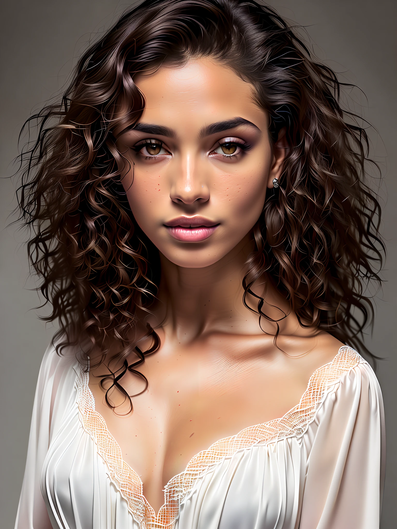 Face portrait of a woman with long dark brown curly hair, light brown skin and detailed seductive eyes, wearing social blouse, in a modern photography studio, best quality masterpiece, photorealistic, detailed, 8k, HDR, shallow depth of field, wide light, high contrast, backlighting, bloom, light glows, chromatic aberration, sharp focus, RAW color photo