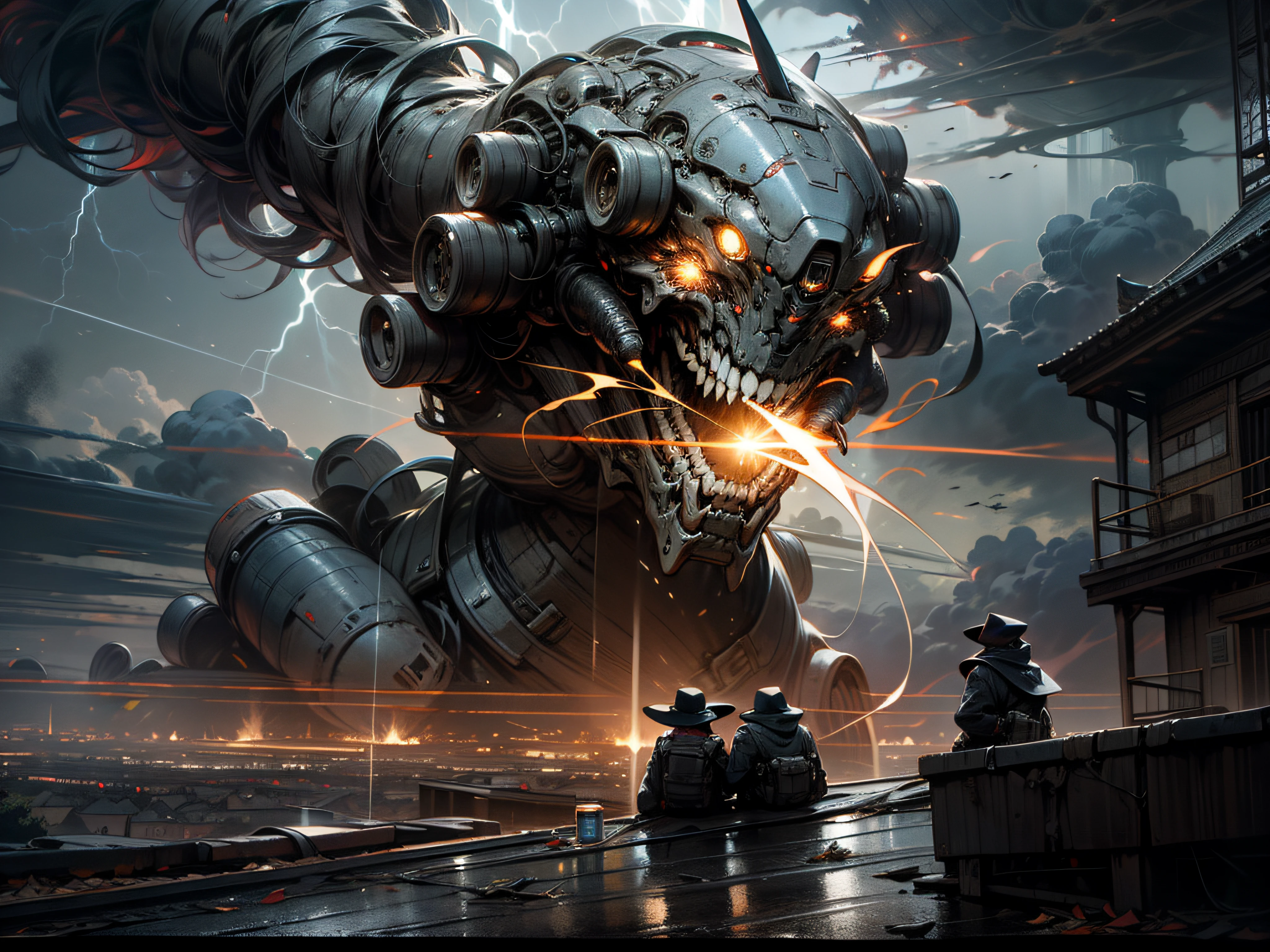 A group of resistance fighters takes cover on the rooftops of Paris, with the alien mothership ominously hovering in the distance. The night sky is filled with swirling dark clouds, illuminated by flashes of lightning, creating a sense of tension and impending danger. The scene is rendered in a gritty and realistic style, reminiscent of a black and white photograph by Sebastião Salgado.
