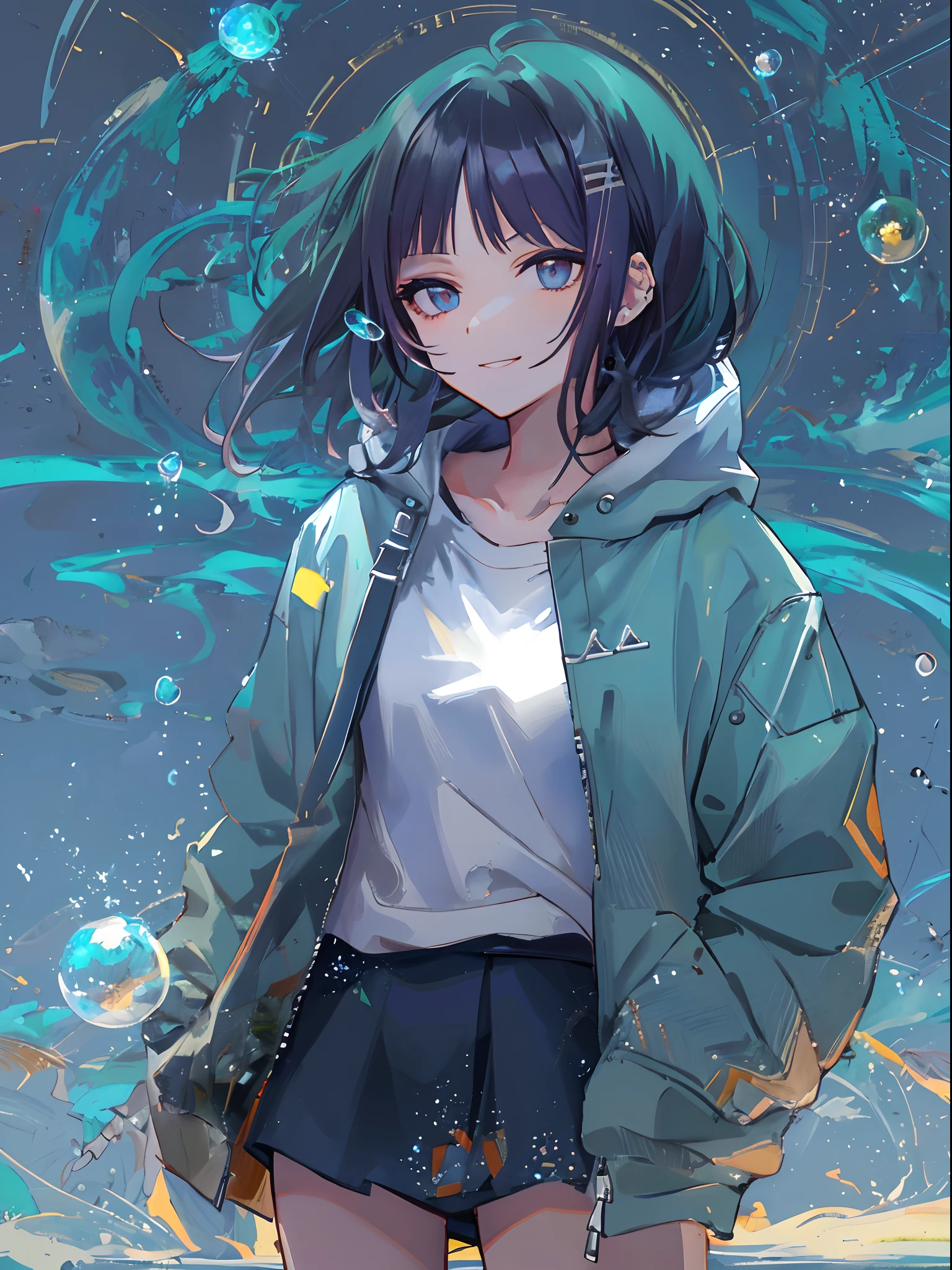 ((top-quality)), ((​masterpiece)), ((ultra-detailliert)), (extremely delicate and beautiful), girl with, 独奏, cold attitude,((Black jacket)),Oversized hoodies、She is very(relax)with  the(Settled down)Looks,A dark-haired, depth of fields,evil smile,Bubble, under the water, Air bubble,bright light blue eyes,Inner color with black hair and light blue tips,Cold background,Bob Hair,a miniskirt,tight skirts,Bob Hair - Linear Art、knee high socks、Camisole inner shirt、Hands in pockets