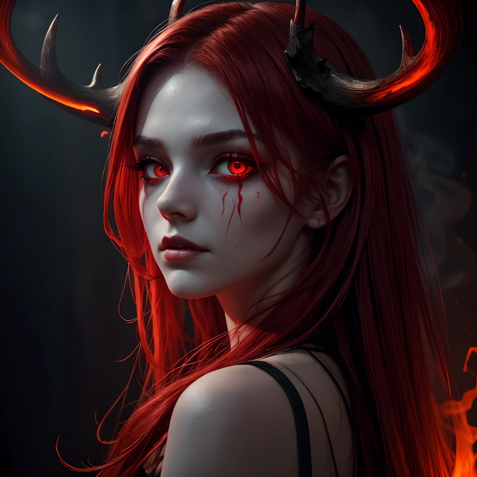 Style-Glass, Award Winning Photo, Masterpiece, Highest Quality, Single Focus, Woman, (Red Skin: 1.3), Demon, (Demon: 1.3), Evil Smile, (Crawling Darkly), (Squirming Darkly), (Swinging Vine), (Screaming), (Flying Dead Ghost)