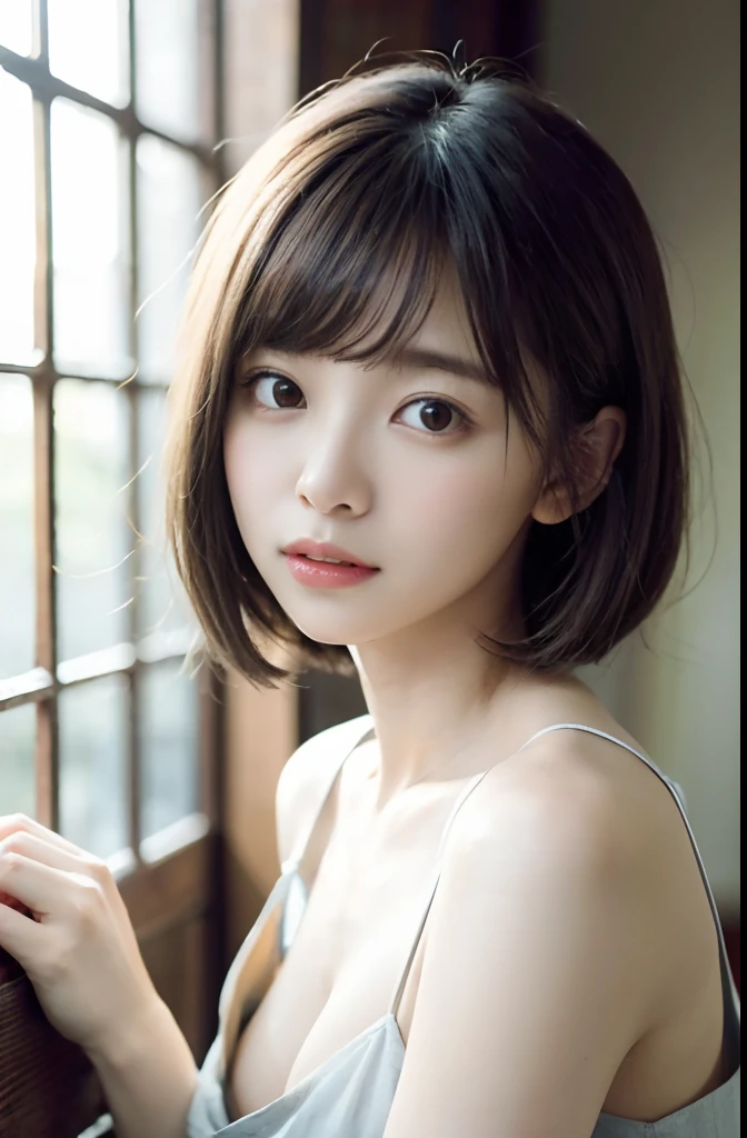 (daydream), 1girl, solo picture, Kim Yoo-jung, (pretty young face (Russian)), focus chest, (asymmetrical bob), (lace dress), (8k HD extremely realistic detailed face:1.5 (soft scene, very low lightning), detailed beautiful reflection pupils, masterpiece:1.3, ultra highres:1.2, dynamic lighting)