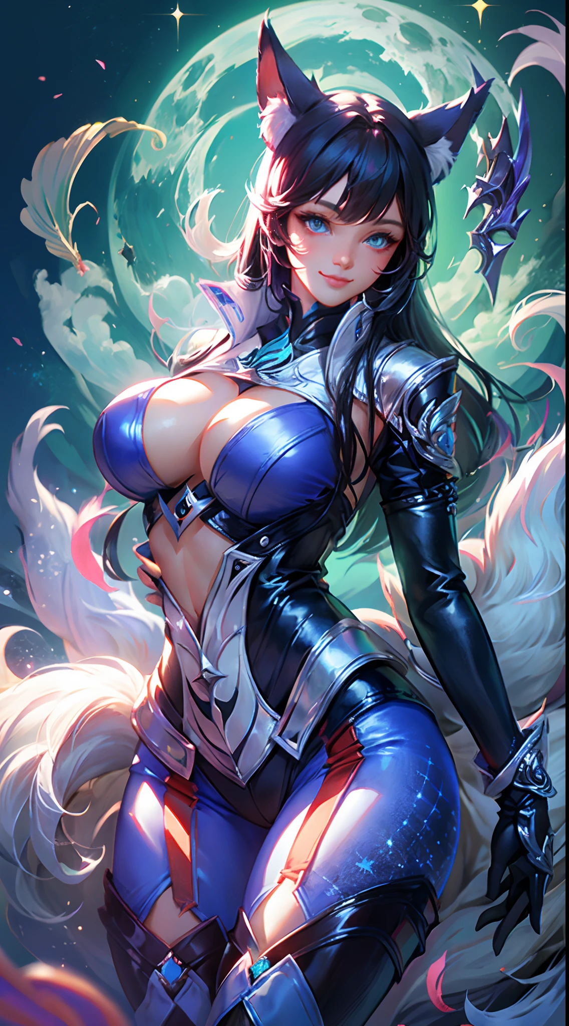 arcana ahri skin, 1girl, solo, long hair, breasts, looking at viewer, smile, gloves, animal ears, tail, fox ears, bodysuit, fox tail, glowing, helmet, multiple tails, Fluffy tail, huge breast