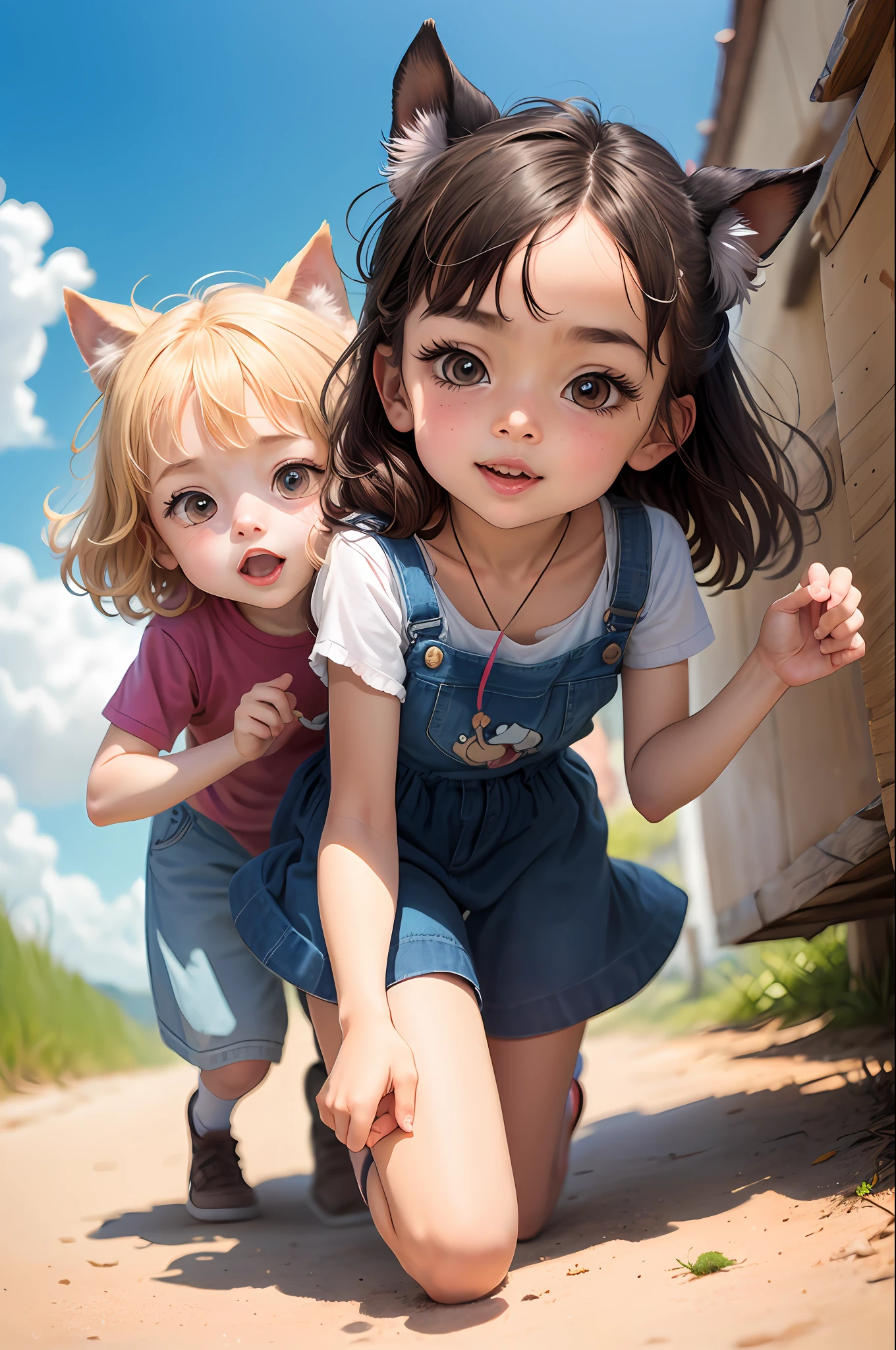 Style cartoon, cartoon, chien rose et bleu, Children's cartoon, qui vole dans le ciel avec une sur le dos