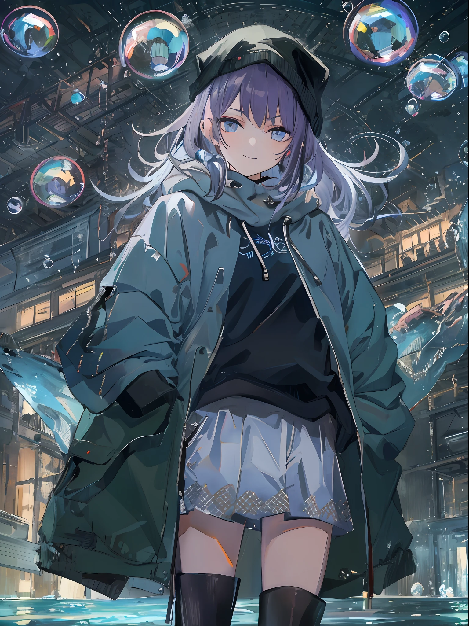 ((top-quality)), ((masterpiece)), ((ultra-detailliert)), (extremely delicate and beautiful), girl with, 独奏, cold attitude,((Black jacket)),Oversized hoodies、She is very(relax)with the(Settled down)Looks,A dark-haired, depth of fields,evil smile,Bubble, under the water, Air bubble,bright light blue eyes,Inner color with black hair and light blue tips,Cold background,Bob Hair,a miniskirt,tight skirts,Bob Hair - Linear Art、knee high socks、Camisole inner shirt、Hands in pockets