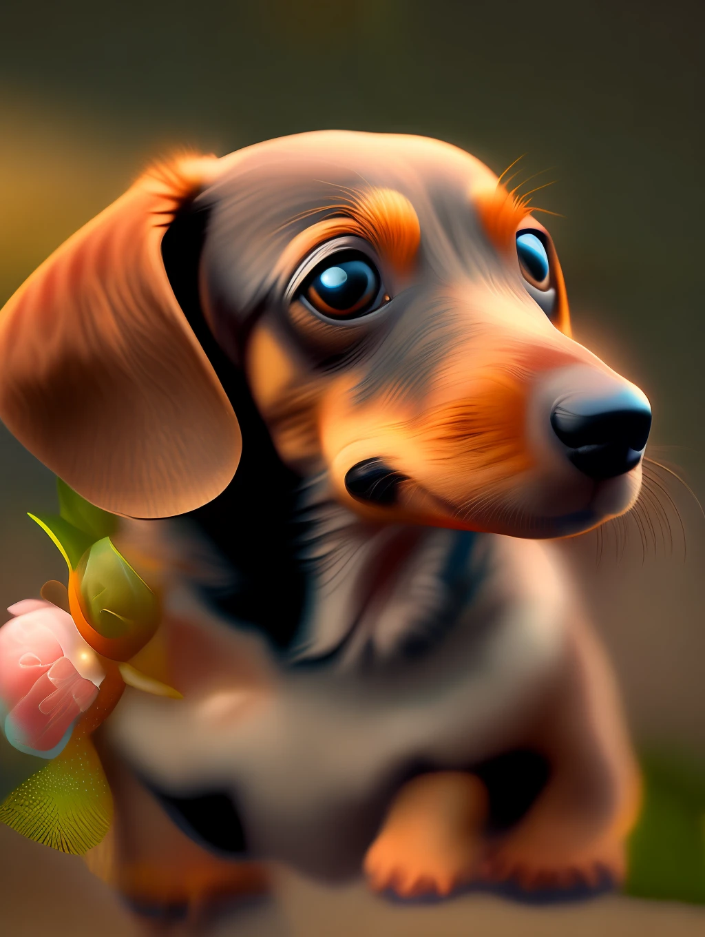 Cute miniature dachshund,Plump body,Loose fur,Round eyes,neat nose,Gentle face,big eye、florals、Soto、full bodyesbian、open open mouth、laugh、Professional light、8K depth of field、Golden magic moment、professional photograpy、octan render、Ultra-realistic - amazing sunlight、Dynamic composition、a picture、foco nítido、Background bokeh、Opens mouth and laughs !!!